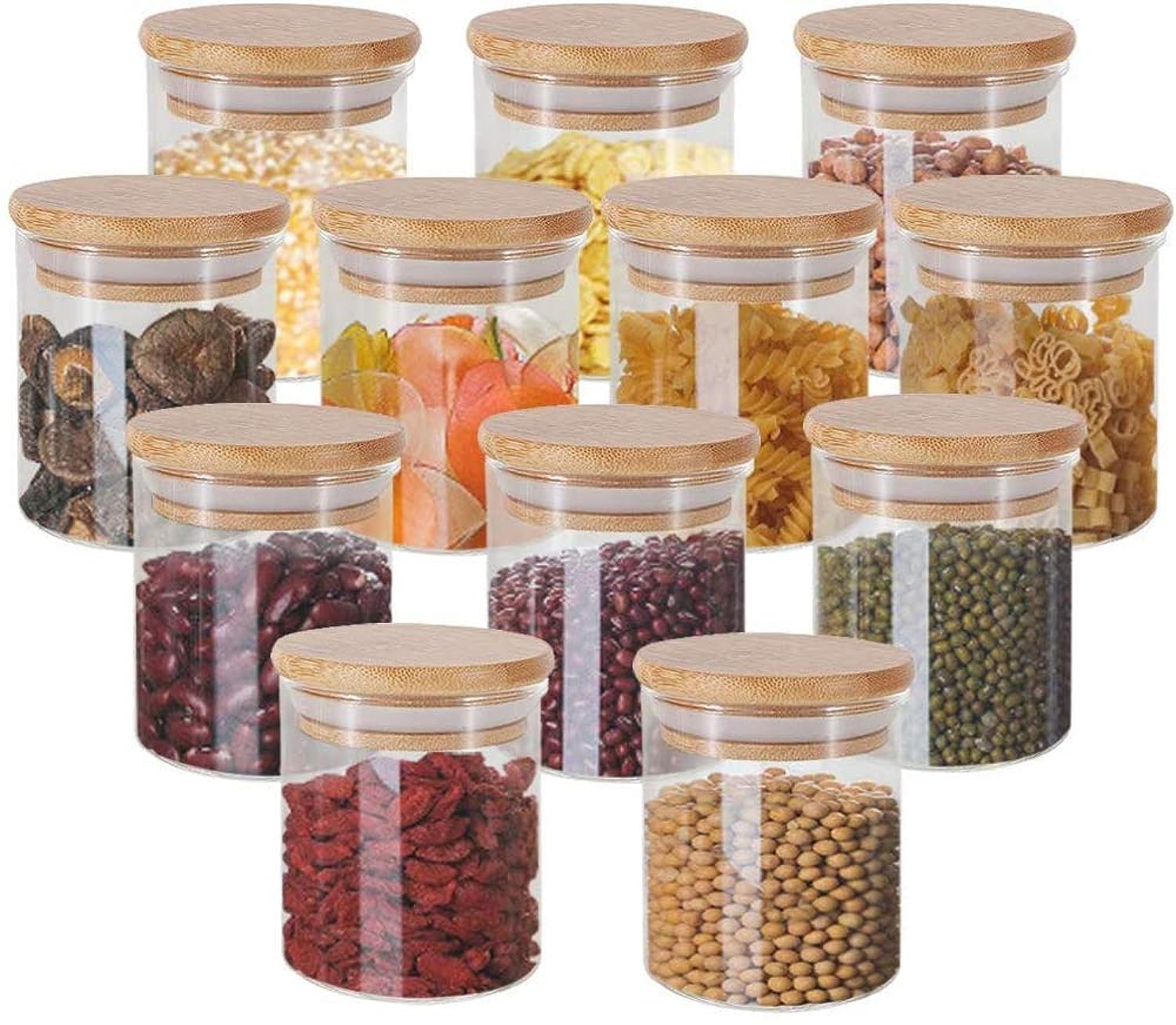 200ml Glass Jars with Bamboo Lids Silicon Ring Set of 10, Air Tight Kitchen Food Cereal Containers for Storage, Canister Set for Jam Pasta Spaghetti Tea Coffee Beans Cookie Snack Flour