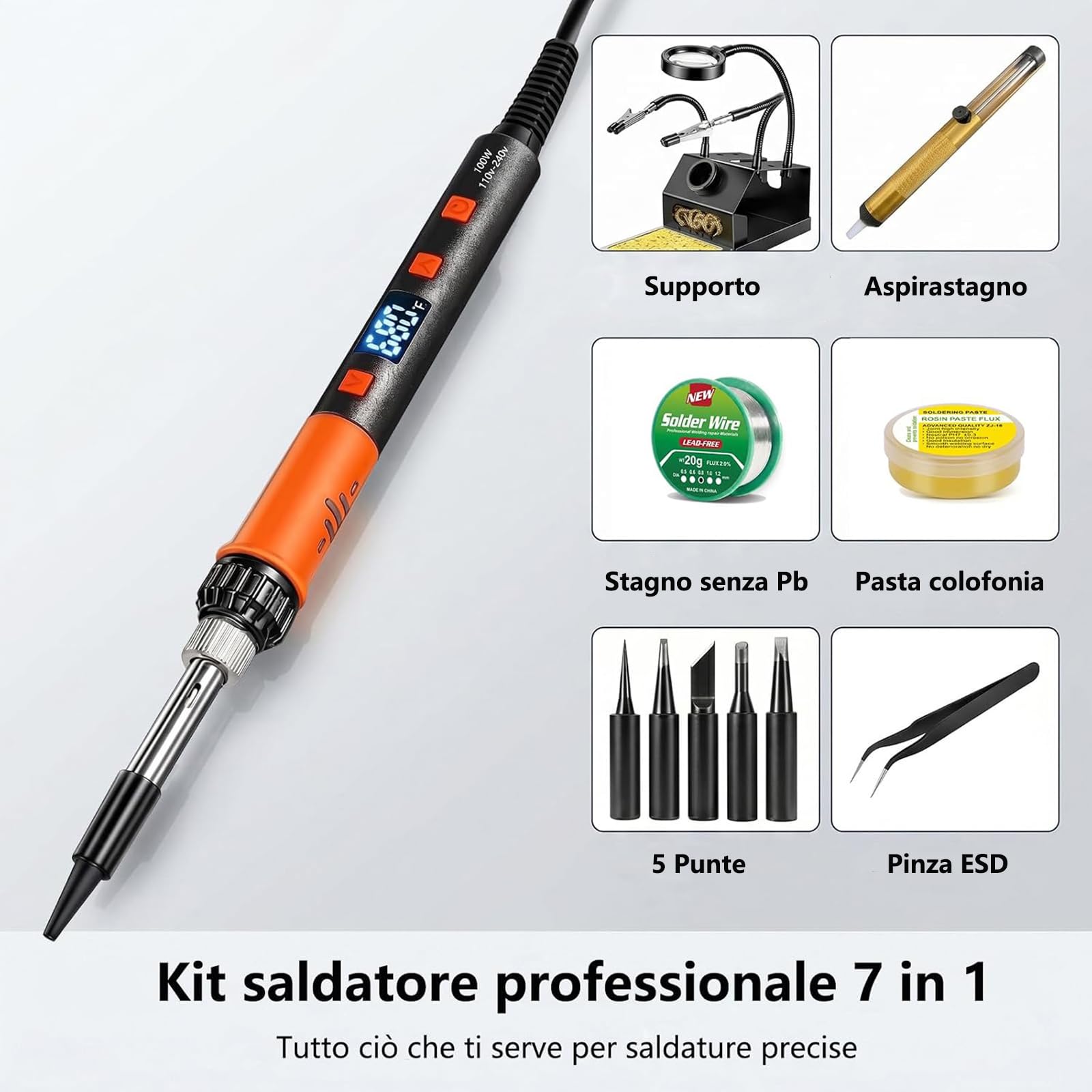Kit Saldatore a Stagno 100W, Supporto Robusto Antiscivolo, 180–500 °C | Terza Mano e Lente d'Ingrandimento, Modalità di Sospensione, Display LED, Temperatura Regolabile, Fil Stagno senza Piombo