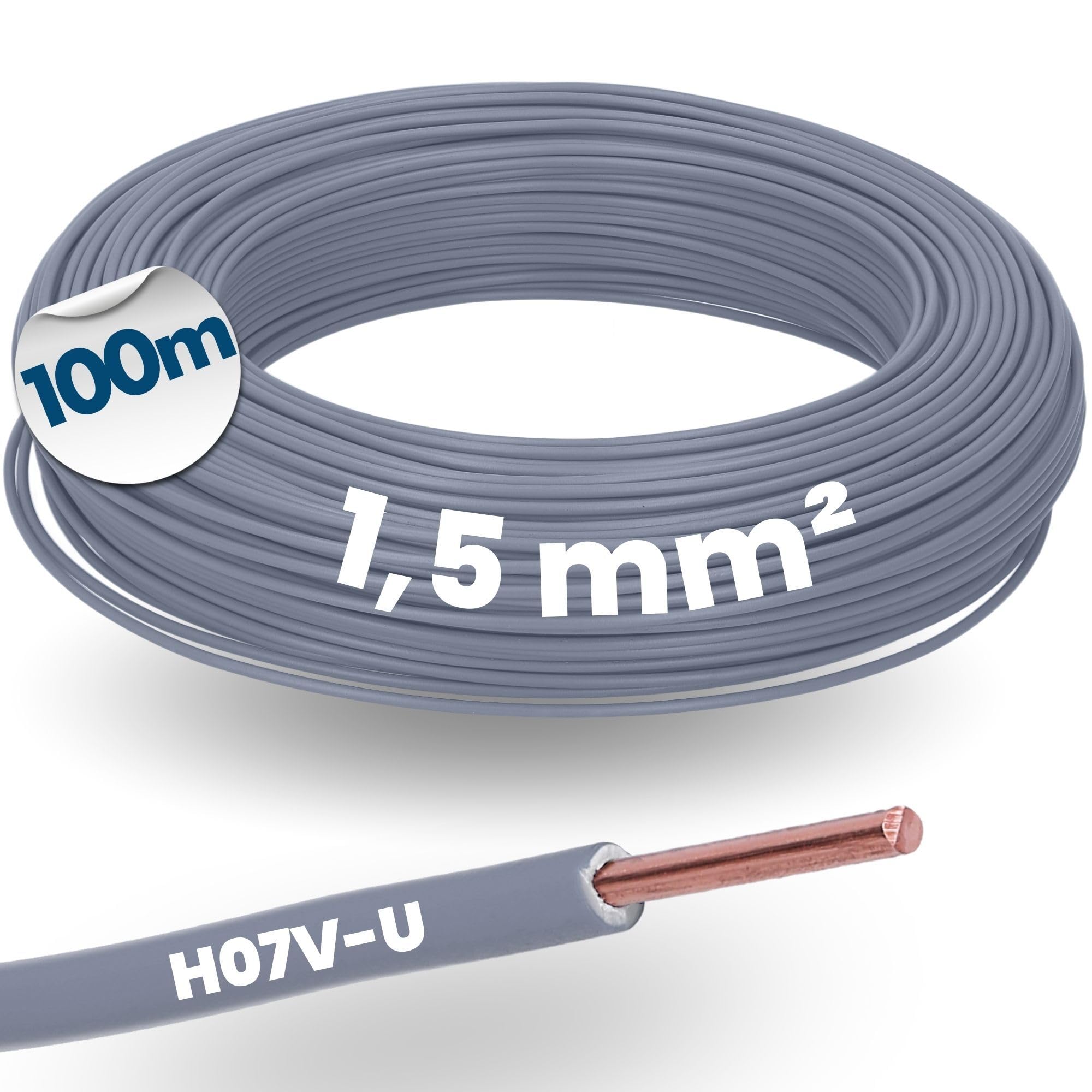 Kalitec 100m Cavo Unipolare H07V-U 1.5 mm² Grigio - Filo Rigido PVC | Cavo monofilo 450/750V per cablaggio interno di macchine e quadri elettrici. Posa sicura in tubi protettivi e impianti.