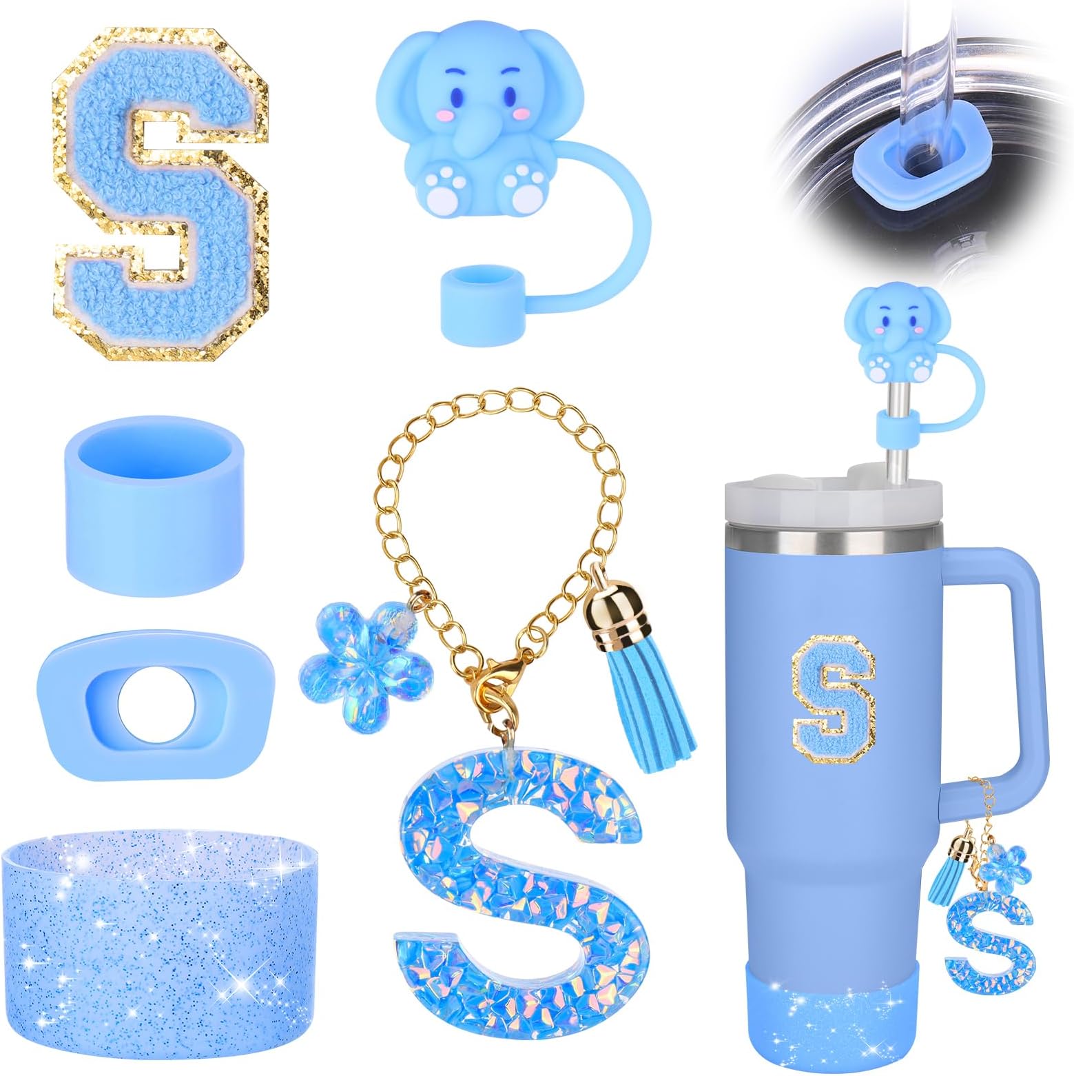 Mity rainCup Accessories Set for stanley 30 oz 40 oz tumbler with handle, Including Initials Charms, Straw Cover Cap, Boot, Sticker, Silicone Spill Proof Stopper,Blue Decorate for Boy Girl (Letter S)