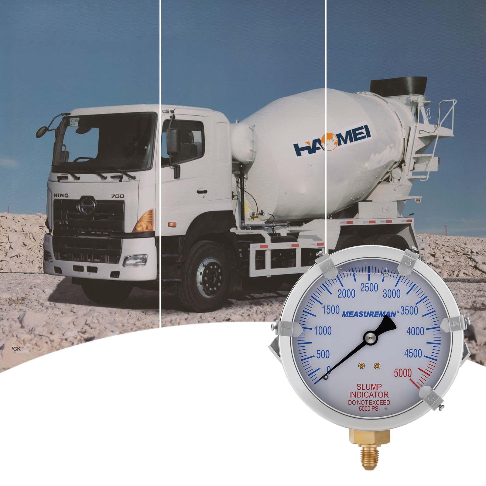 MEASUREMAN Indicador de caída de bomba de hormigón, esfera de 4 pulgadas, 0-5000 PSI con 5 punteros de objetivo ajustables, relleno de glicerina, caja de acero inoxidable 304, montaje inferior 7/16