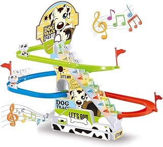 Dalmatian Puppy Spotty Dog Chasing Race Track Game Set - Playful Roller Coaster Playset with LED Flashing Lights and Music On/Off Button for Toddlers and Kids