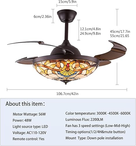 Miniatura 2 de Ventilador de techo estilo Tiffany de 42 pulgadas, ventilador de techo retráctil con luces y control remoto, modo de avance y reversa, 3 velocidades
