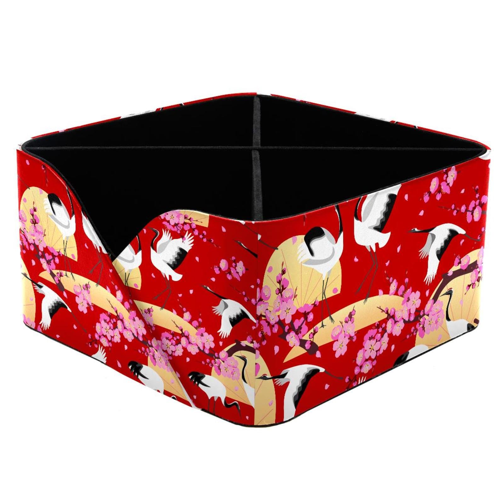 KengjuTesu Japanese Cranes Blossoming Desktop Organizer Pen Holder, Rectangular Pencil Cup for Office, Study and Makeup Stations