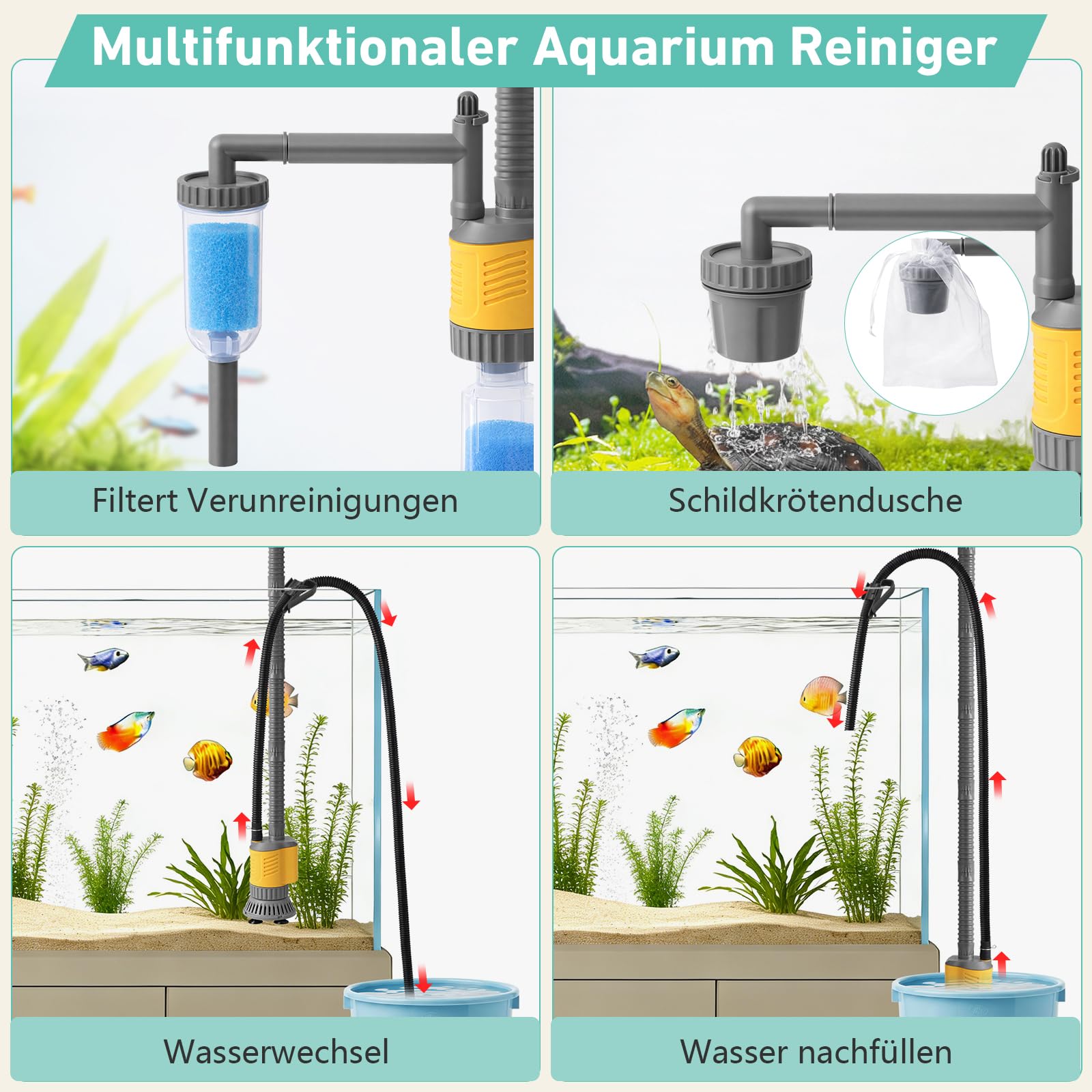 1200LPH Elektrischer Aquarium Kiesreiniger 8-in-1, 20W Multifunktioneller Aquarium Mulmsauger und Wasserwechsler, Starkes Saugkraft, Reiniger für Kies, Sand, Algen und Wasserzirkulation