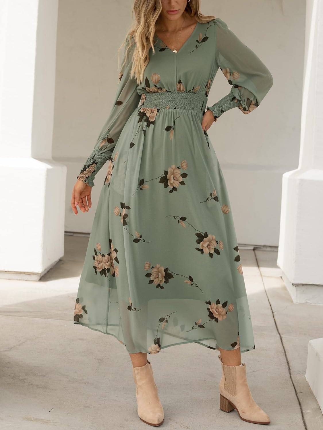ANRABESS Women's Long Sleeve Floral Maxi Dress Casual V Neck Chiffon Boho Flowy Beach Fall Wedding Guest Party Long Dresses - Image 6