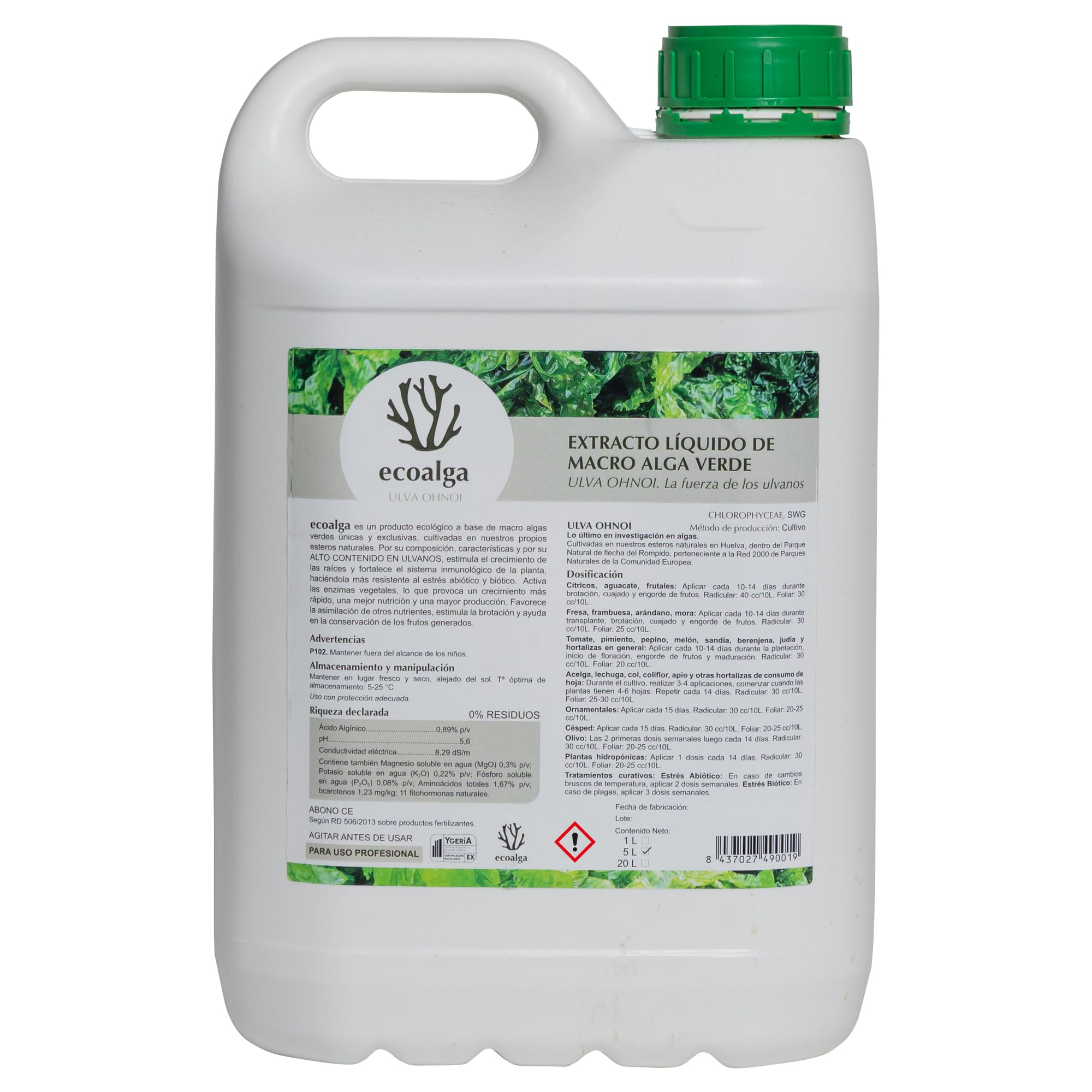 Abono Líquido Fertilizante Alga Ulva Premium Plantas Cultivos 5L. Orgánico y Universal: Huerto, Jardín, Césped, Interior. Rendimiento Todas Fases. Crecimiento, Resistencia, Foliar, Enraizante