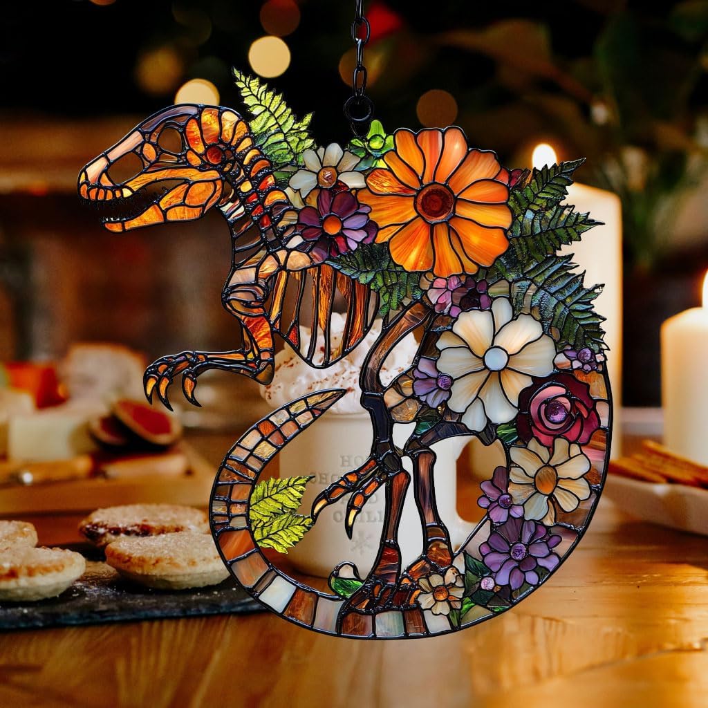 Floral Dinosaur Skeleton Acrylic Suncatcher Stained Glass Effect Window Car Hanging Christmas Ornament Indoor Outdoor Decor Garden Sun Catcher Panel for Floral Lover for Women Mom Grandma