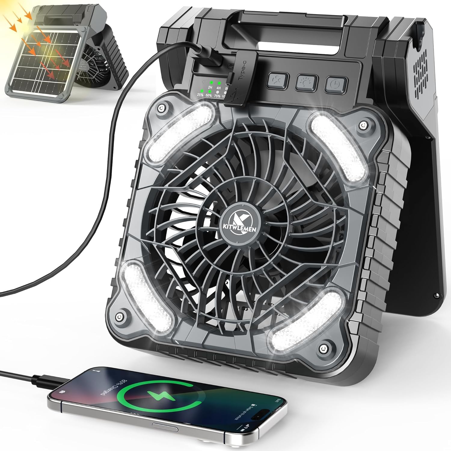Sakar Solar Camping Fan with Light, 4 Speeds Rechargeable Battery Powered Fan with Timer, 90° Folding Portable Desk Fan for Hurricane Outages Outdoor Camping Fishing