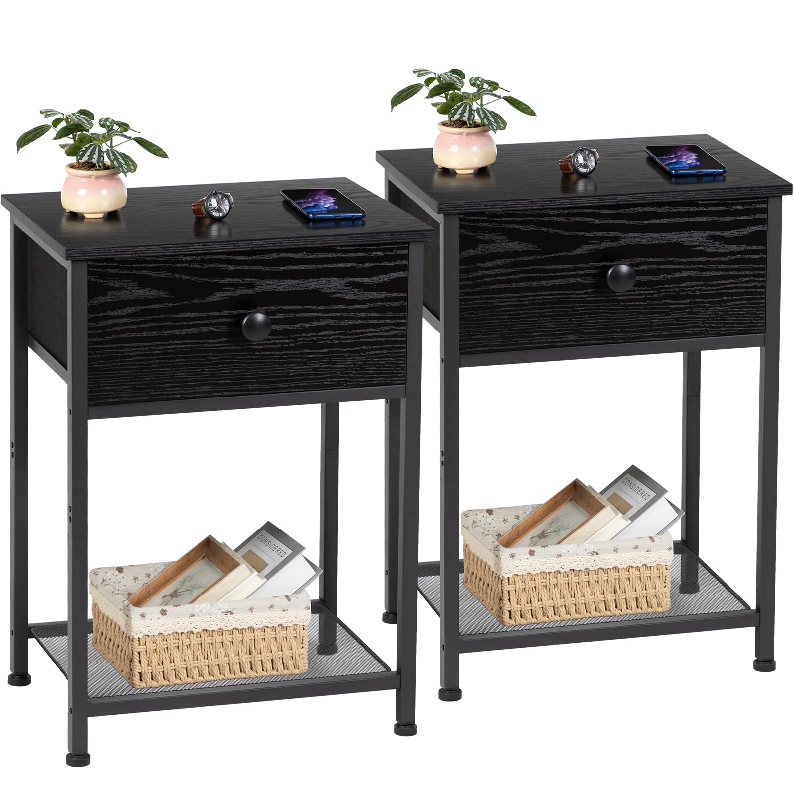 AMHANCIBLE Night Stand Set 2, Black Nightstand with Fabric Drawer, Industrial End Tables Living Room with Storage Shelf, Slim Bedside Table for Bedroom, Small Spaces, HET03SDBK