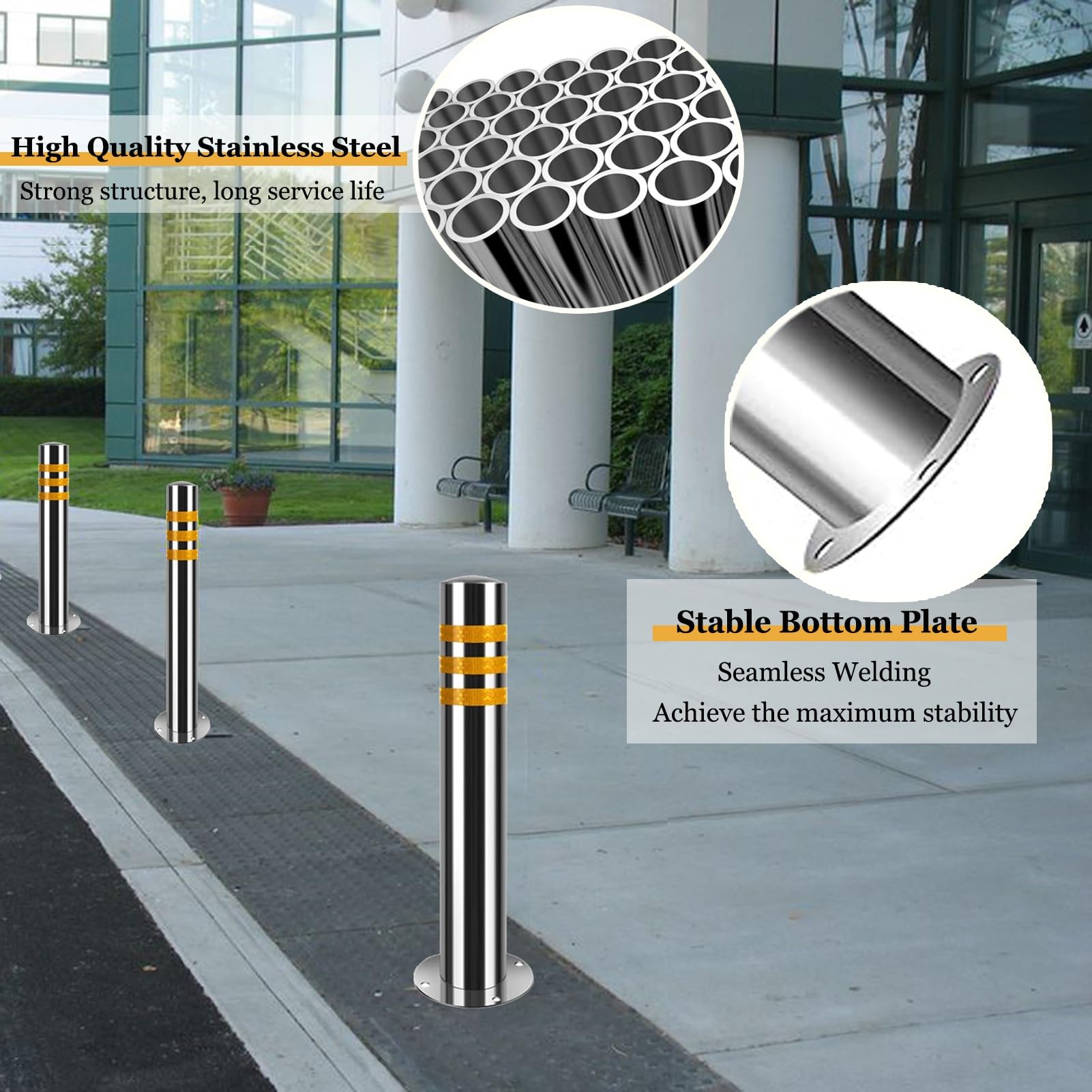 Borne de sécurité réfléchissante en acier inoxydable - Solution de signalisation routière durable pour les zones à haute visibilité, idéale pour la sécurité des piétons et la gestion des véh