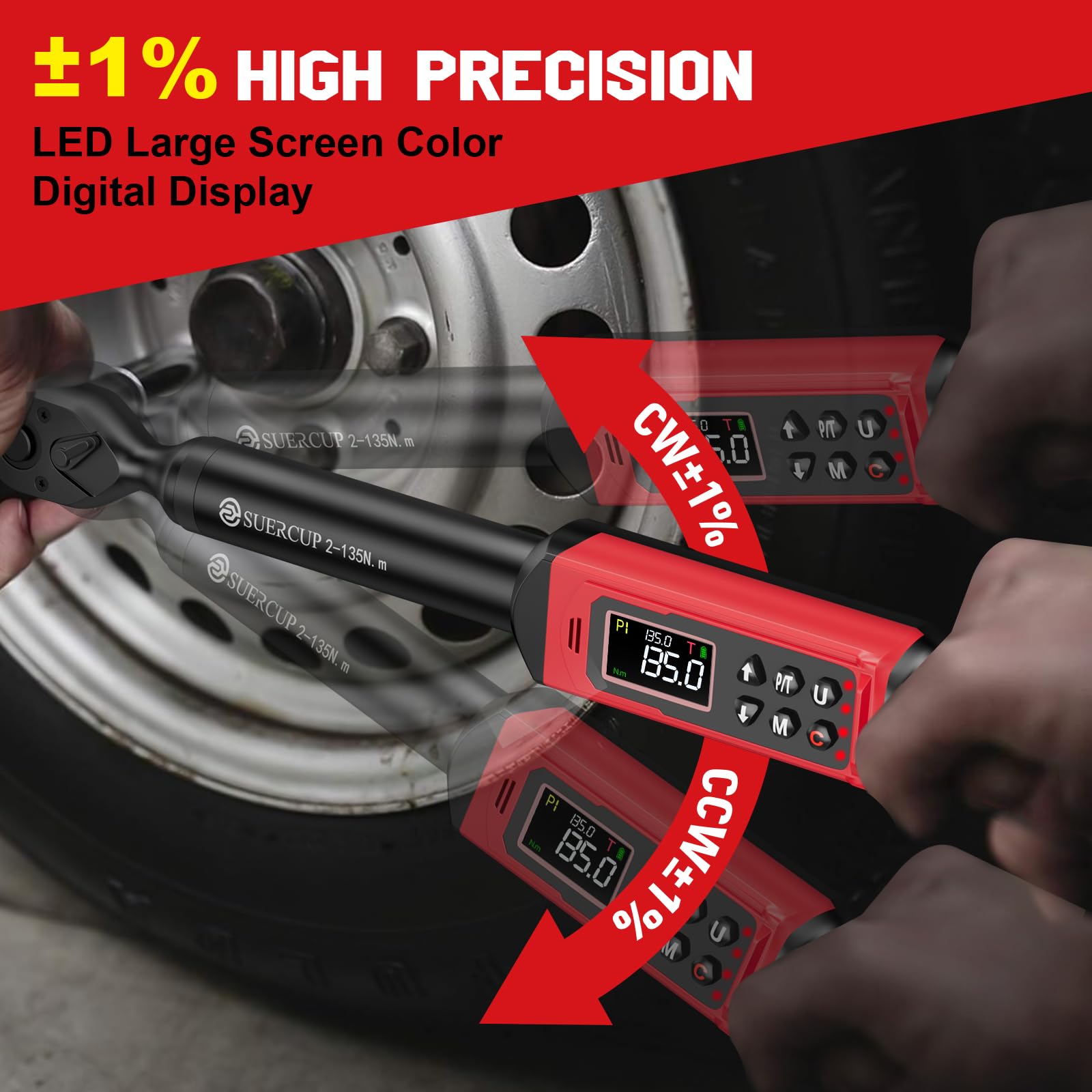 SUERCUP Chiave Dinamometrica Digitale da 1/2" 5.1-340Nm, ±1% Precisione Chiave di Torsione Digitale con Ammortizzatore, Vibrazione, Avviso LED e Cinque unità di Misura, per Auto, Riparazione Moto