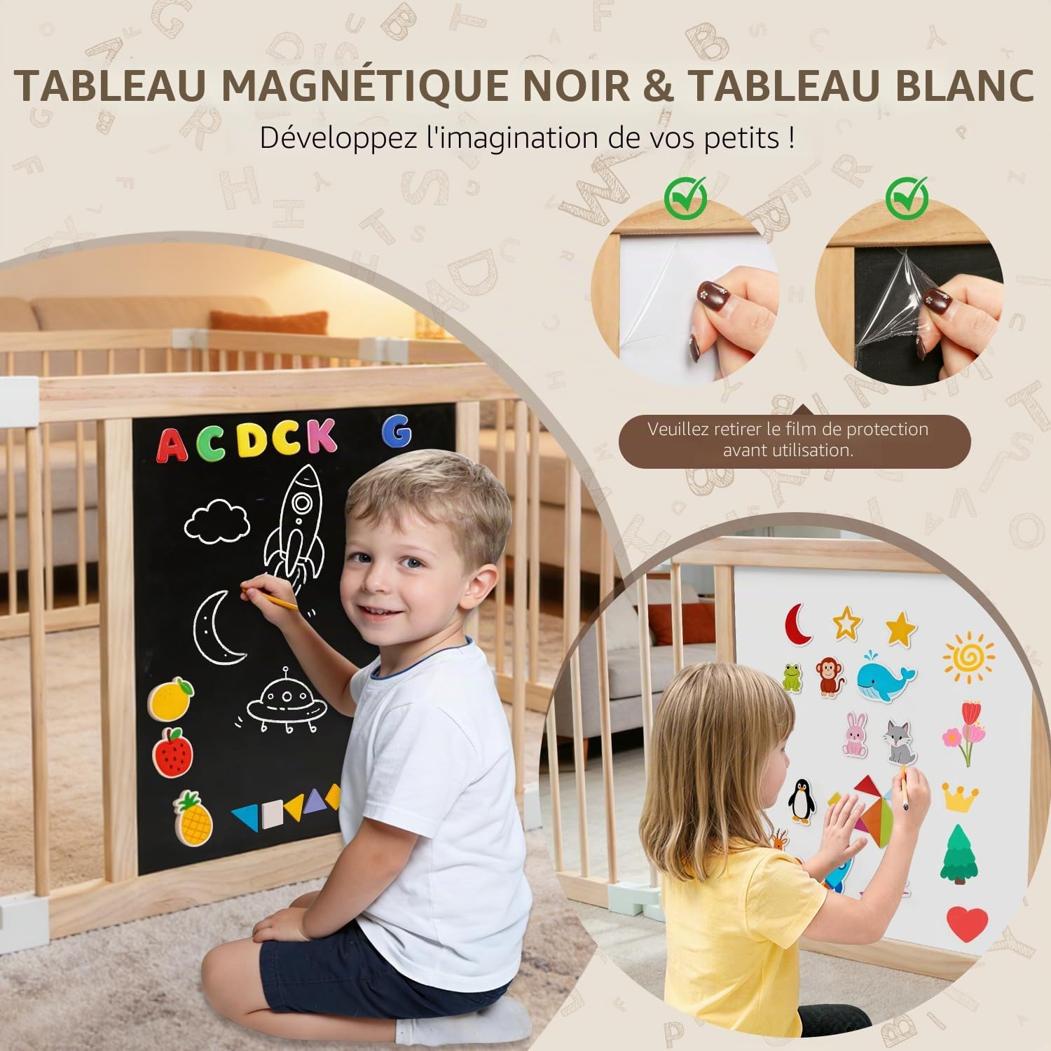 Parc Bébé Bois, Grand Parc Bebe Pliable avec Porte, Déformable Parc pour Enfants, Portable, Réglable Taille&Forme, Tableau Noir, Montessori Plateau de Jeu, Sûr Centre d'Activités pour Enfants