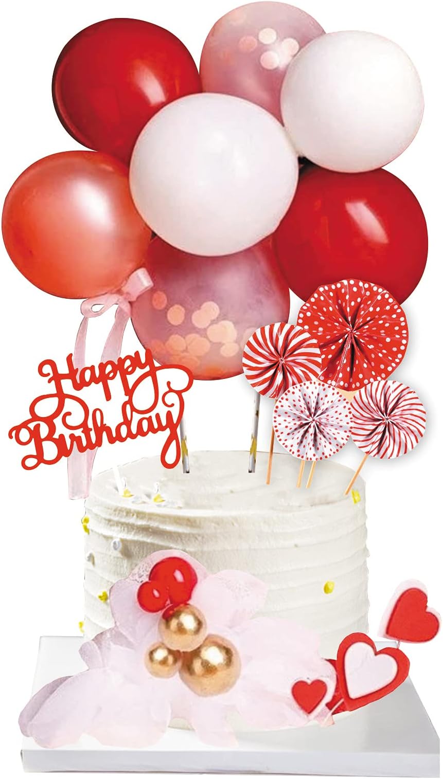 Red Cake Topper Happy Birthday Cake Toppers and Confetti Balloon Paper Fans For Black Theme Party Decor Birthday Cake Supplies Decorations
