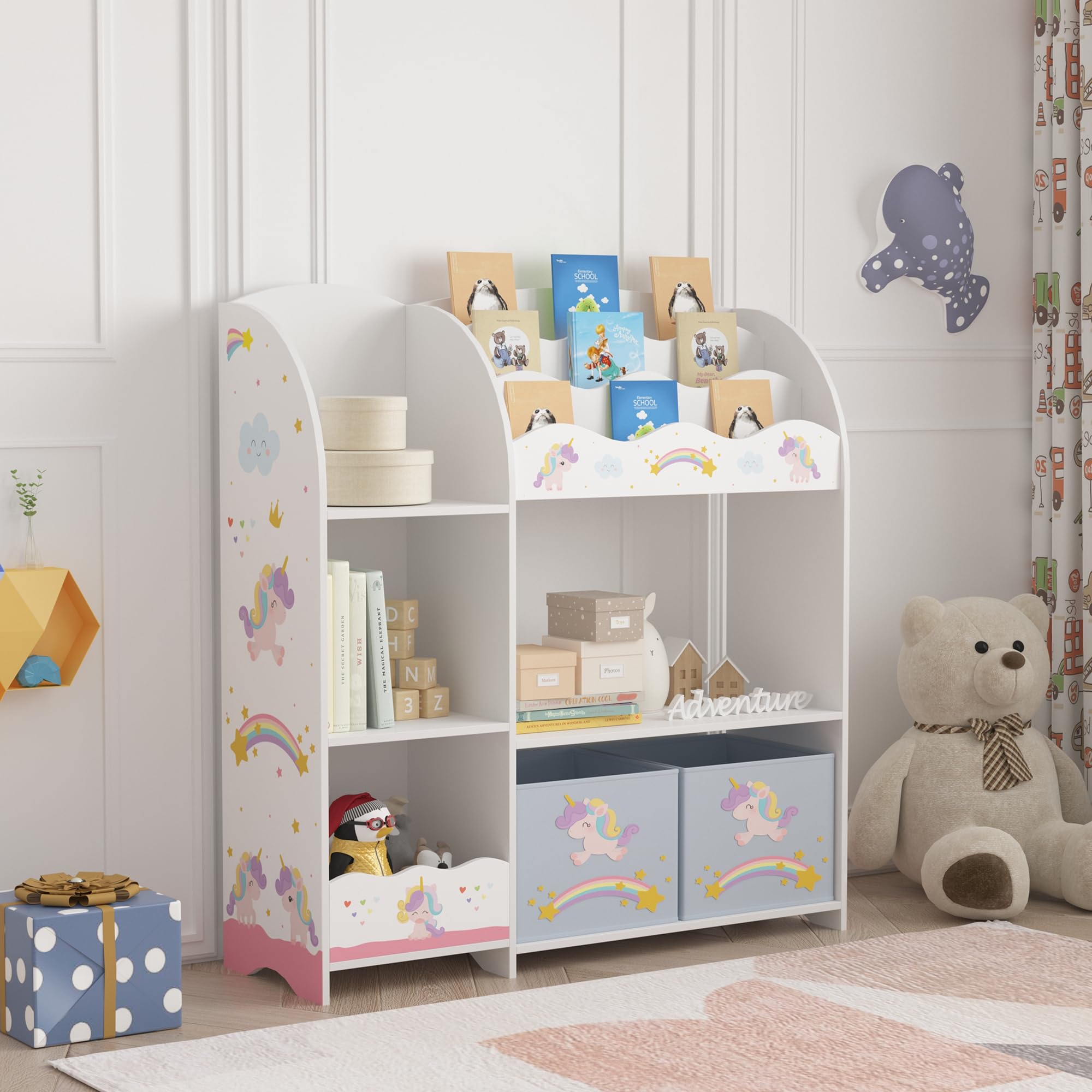 [en.casa] Scaffale per Cameretta con Ripiani 2 Scatole Porta Giochi Contenitori a Scaletta per Bambini Mobile Organizzatore a Misura di Bimbi - Design a Unicorno