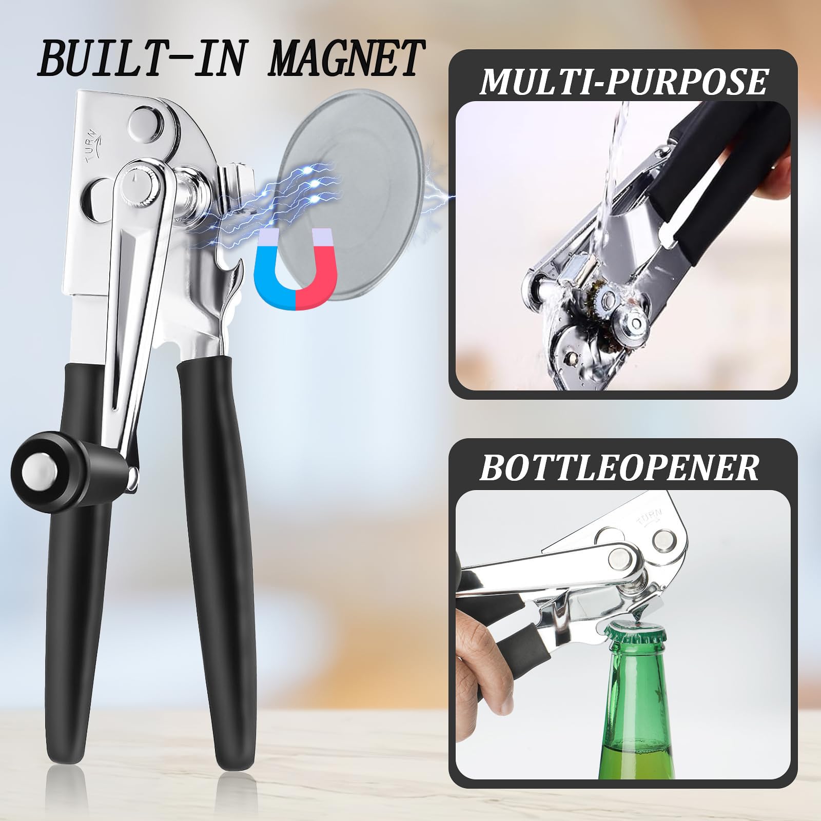 RICKUNCL Handlicher Dosenöffner mit Magnet, Edelstahl, Handdosenöffner mit klappbarer Kurbel, übergroßer Knopf für große Dosen und Dosen aller Größen