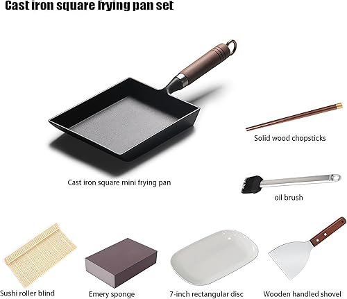 Miniatura 2 de Japanese Cast Iron Tamagoyaki Pan - Pre-Seasoned, Liquid Nitrogen Treated, Non-Rust, Ready to Use, Detachable Wood Handle, Oven Safe, for Omelets,