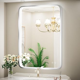 24x36 Inch LED Bathroom Mirror with Lights,Silver Metal Framed Brushed Lighted Vanity Mirror,Antifog Stepless Dimmable,Wall Mounted(Horizontal/Vertical)