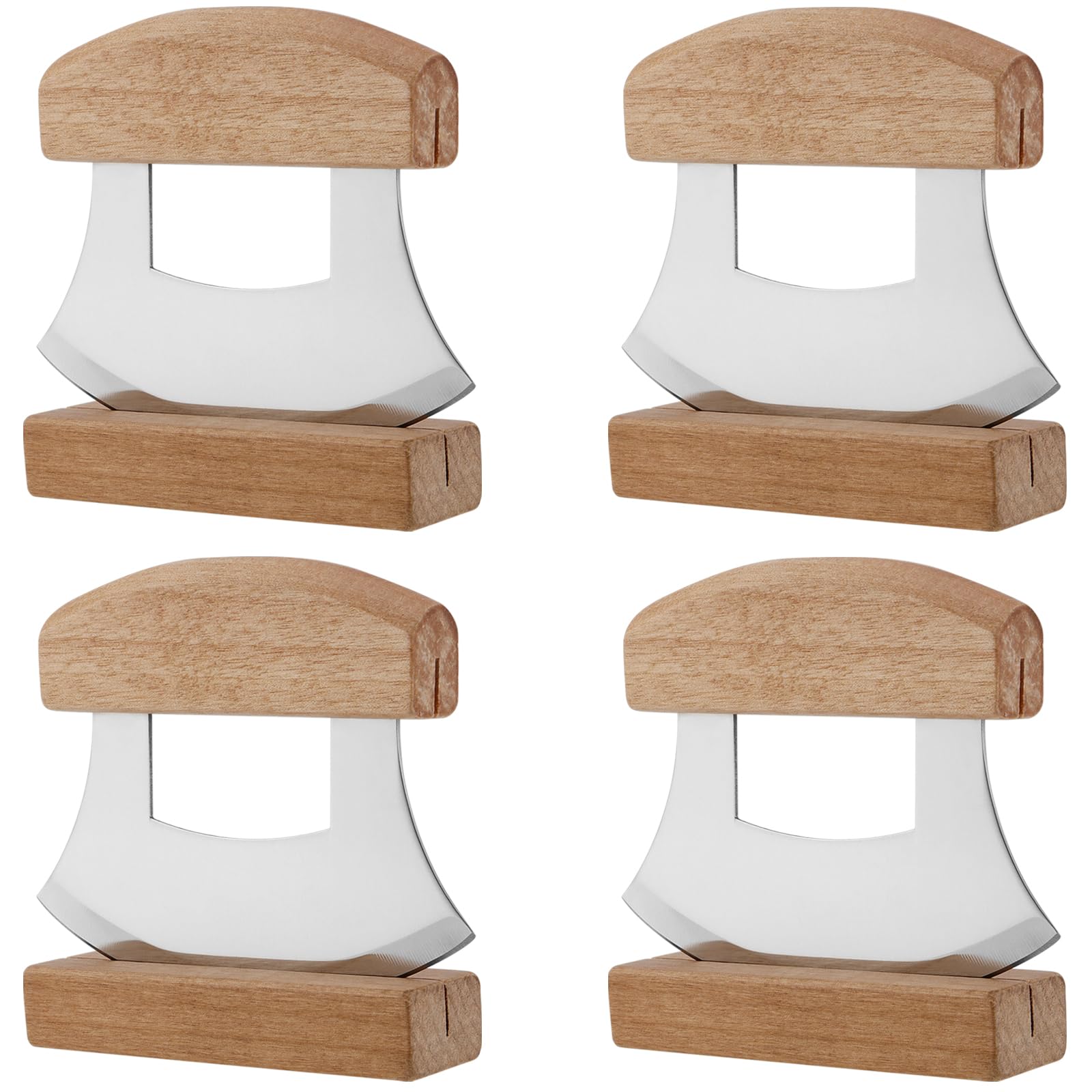 SEHOI 4 Pack Stainless Steel Ulu Knife, Mezzaluna Knife Pizza with Wooden Display Stand for Chopping Vegetable, Pizza, and Herbs