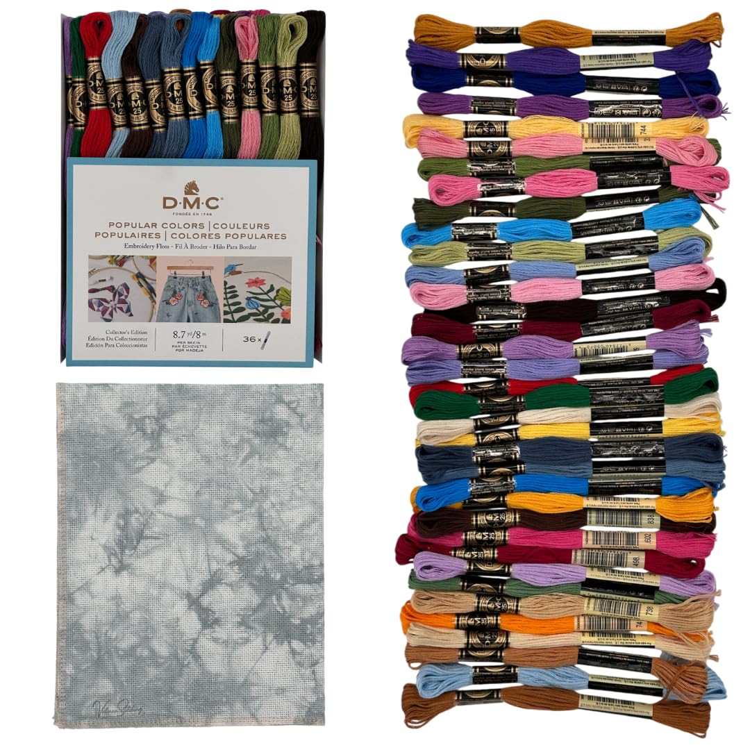Sponsored Ad - Popular Colors Collection Embroidery Thread Bundle - DMC Embroidery Floss Pack 8.7yd Popular Colors 36Pkg with Aida 18 Count Pearl Gray Hand-Dyed Cross Stitch Fabric by VolcanoStitching