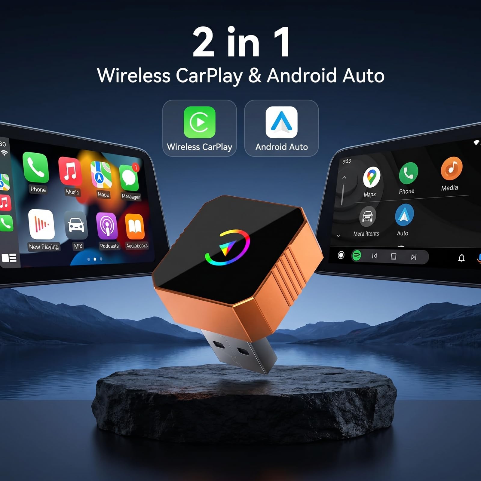 Adaptador Wireless CarPlay 2 en 1, WiFi 5GHz BT 5.0, Android Auto Inalámbrico, Plug Play Mini, para iPhone iOS 10+ Android 11+, para Vehículos con CarPlay Cableado de Fábrica