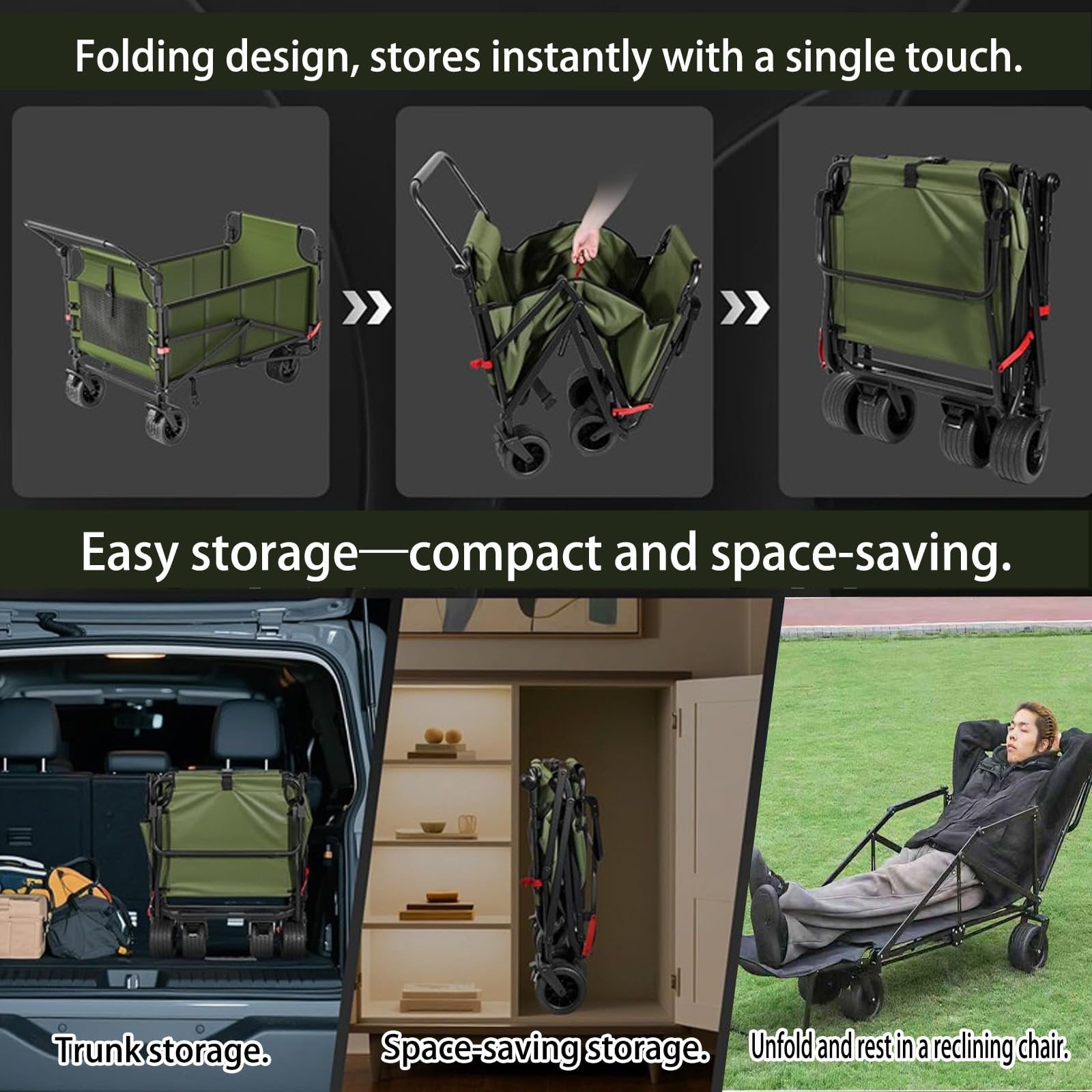einkaufstrolley bollerwagen liegestuhl relaxliege treppensteiger groß modern mit Sitz klein 4 räder Rücklehnsessel kompatibel Hintere Öffnung Design Oxford Stoff 90°(Green)