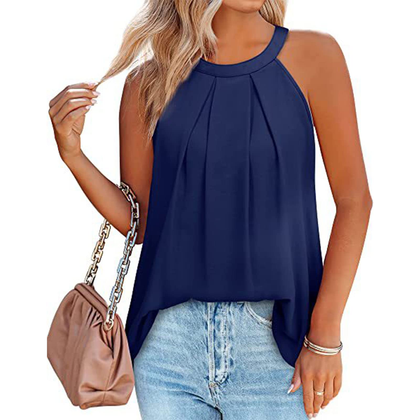 Generic Camiseta sin Mangas con Cuello Halter, Camisetas Plisadas sin Mangas Informales, Escote Redondo, Sueltas, Transpirables, Suaves para IR de Compras para Mujeres para Citas