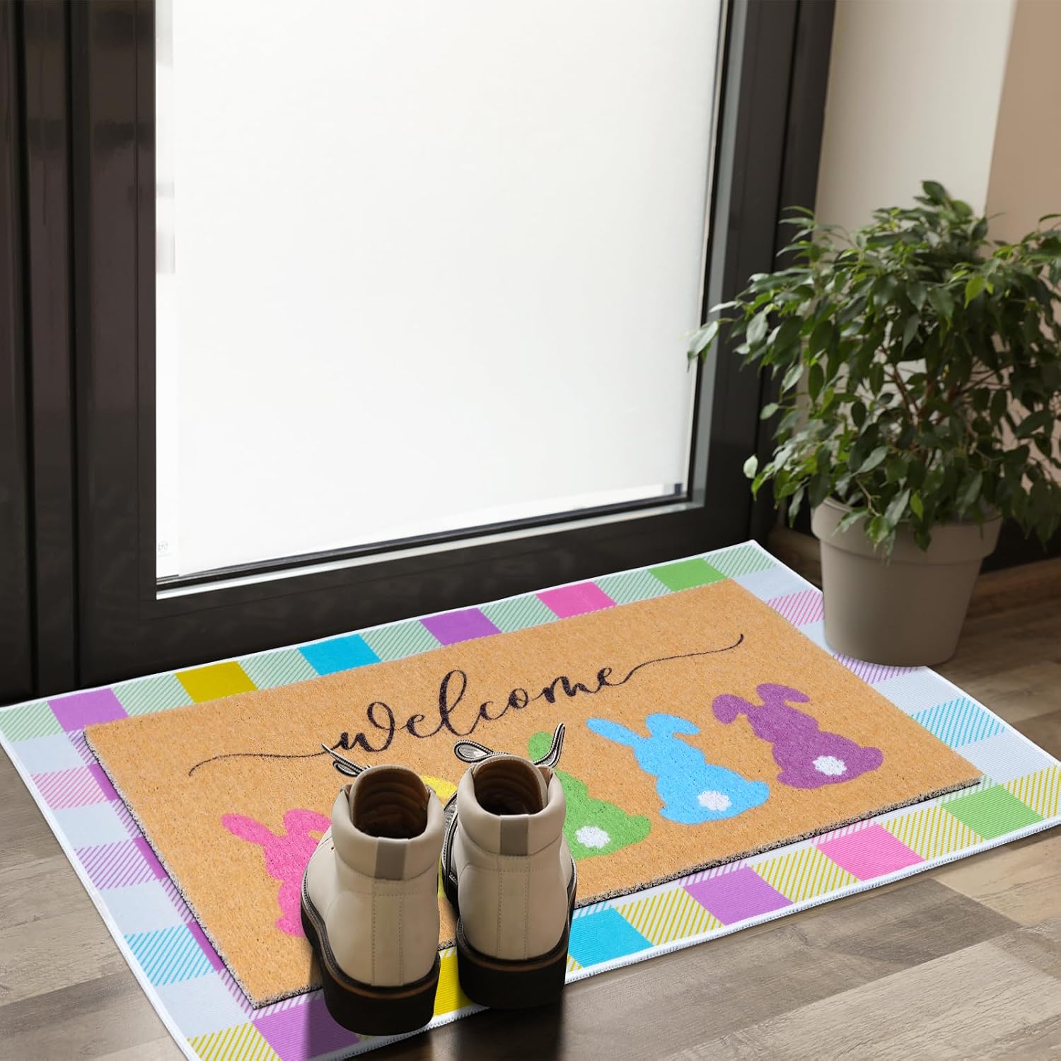 Shemilly 2pcs Easter Doormat Set Colorful Bunny Welcome Floor Mats Non-Slip Entrance Colorful Checkered Door Rugs for Indoor Outdoor Home Kitchen Living Room Bathroom Decor