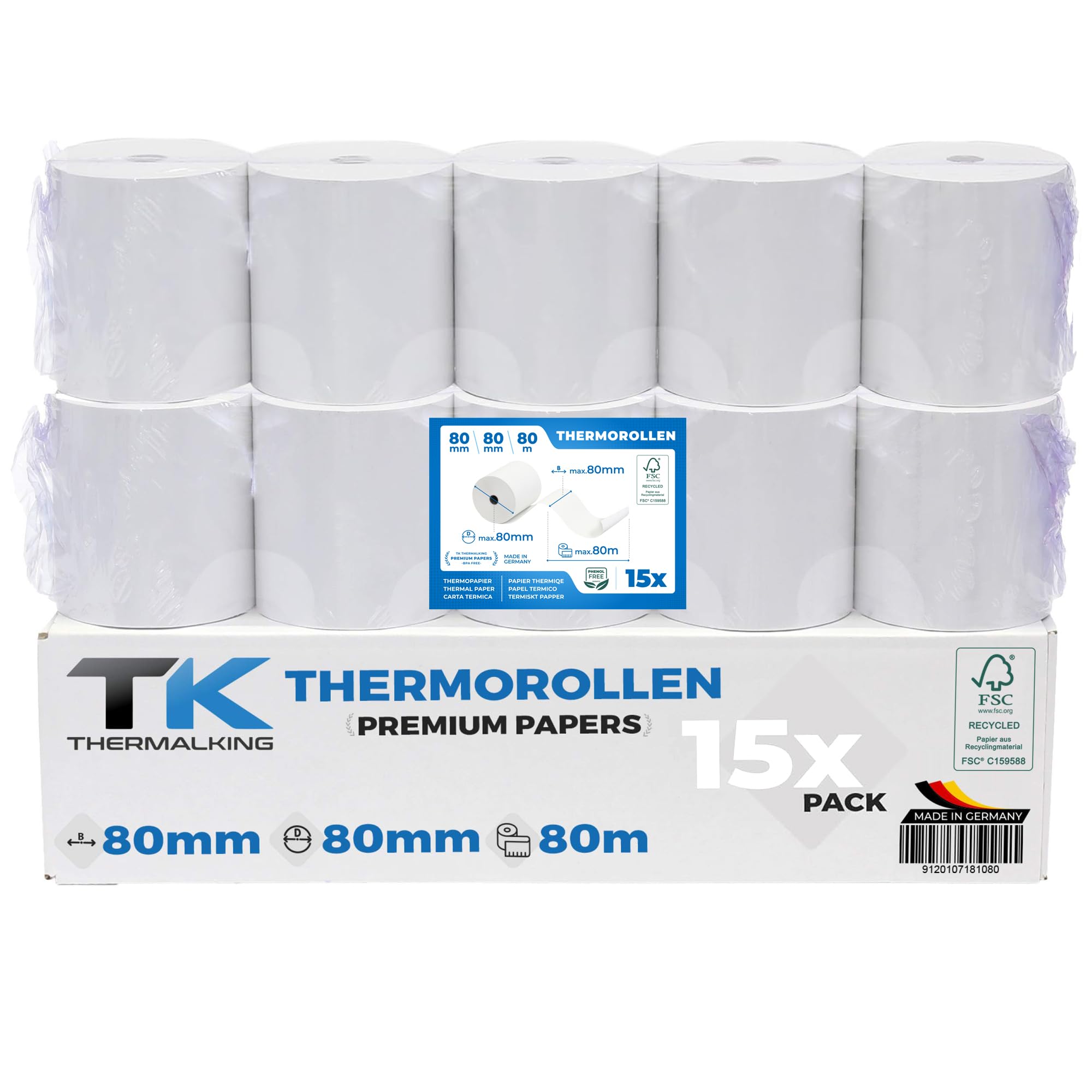 15 rolek papieru termicznego premium 80 mm x 80 mm x 12 mm – nadaje się do drukarek kasowych, takich jak Epson, IBM, Metapace itp.