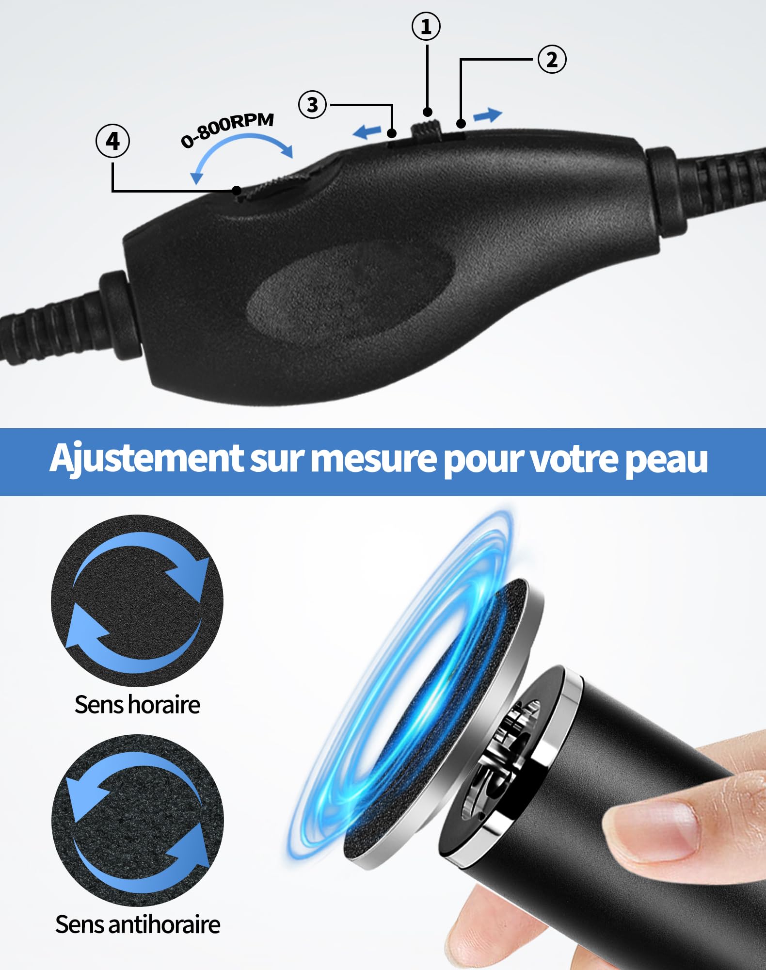 Honey Glow Pied, Râpeuse Pieds Électrique Professionnelle 60 Disques Abrasifs Inclus, Ponceuse Pieds Plug & Play Sans Recharge, Outil De Pédicure Pour Femme & Homme (Noir)
