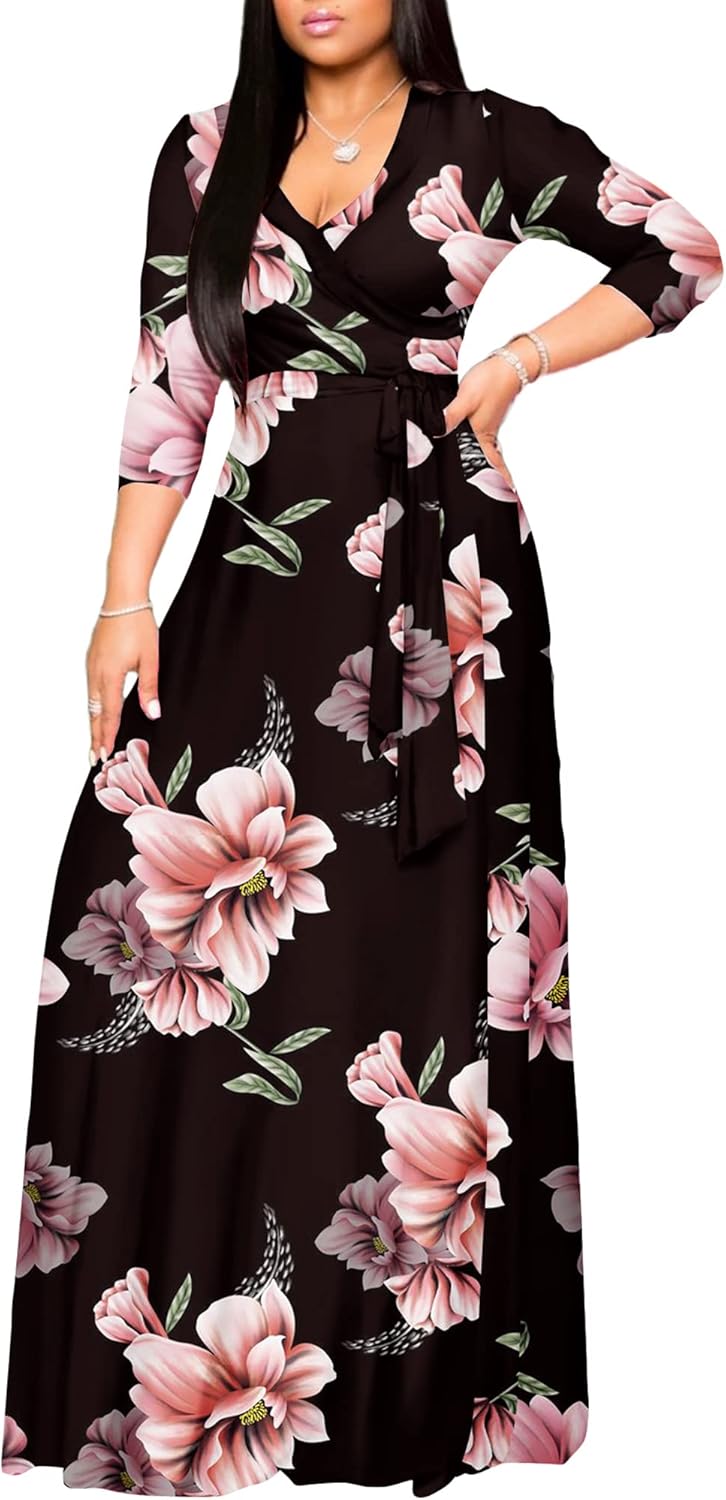 AOMONI Women's Floral Print Maxi Dresses Summer with Pockets Casual 3 4 Sleeve V-Neck Wrap Tie Waist Long Dress, M-3XL - Image 2