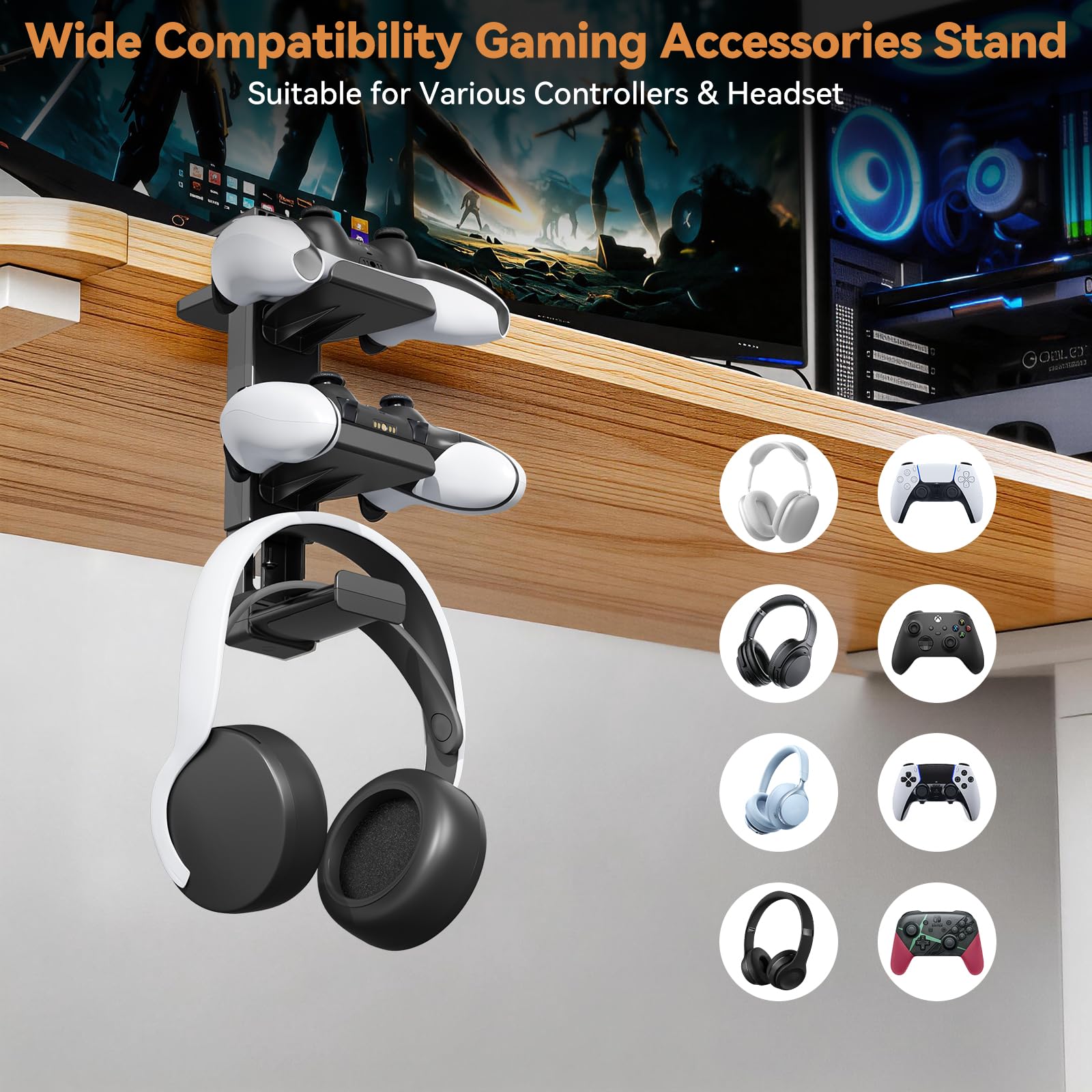 Kosker Porta Cuffie e Joystick da Scrivania con Altezza Regolabile, Supporto Controller da Sopra e Sotto il Tavolo per PS5/Xbox/Switch, Support Accessori Scrivania con Rotazione a 360°
