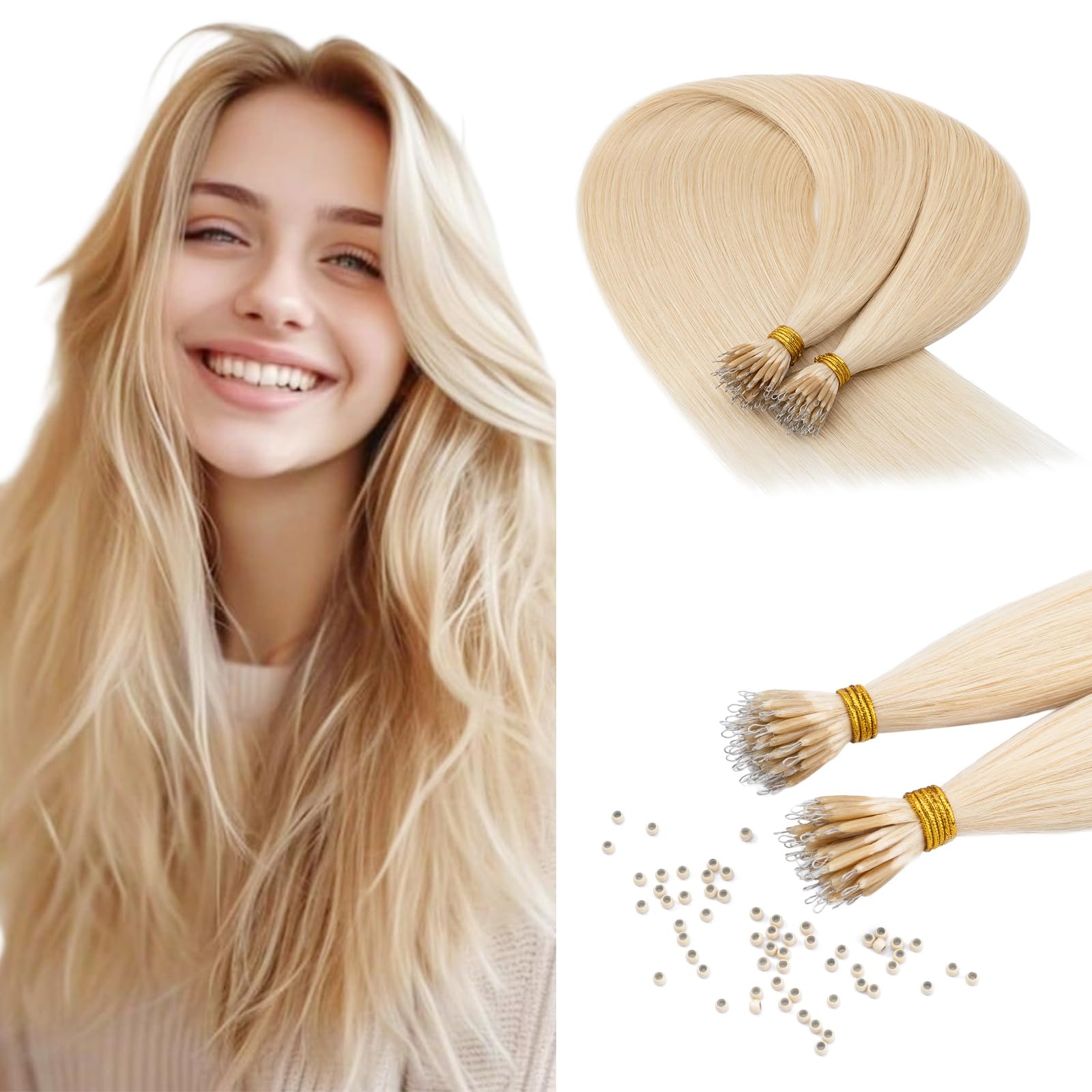 Benehair Nano Hair Extensions Straight Remy #60 Platinum Blonde Nano Loop Hair Extensions Real Human Hair 16 Inches (35g)