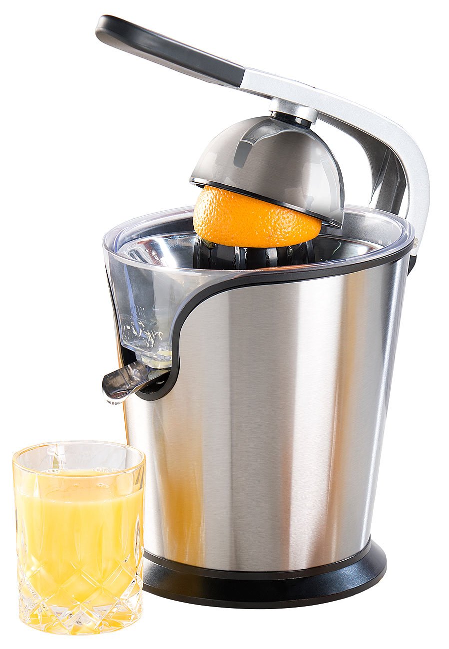 Rosenstein & Söhne Orangensaftpresse: Elektrische Edelstahl-Zitruspresse, 2 Aufsätze, Saftbehälter, 160 Watt (Fruchtpresse, Orangenpresse elektrisch, Presse)
