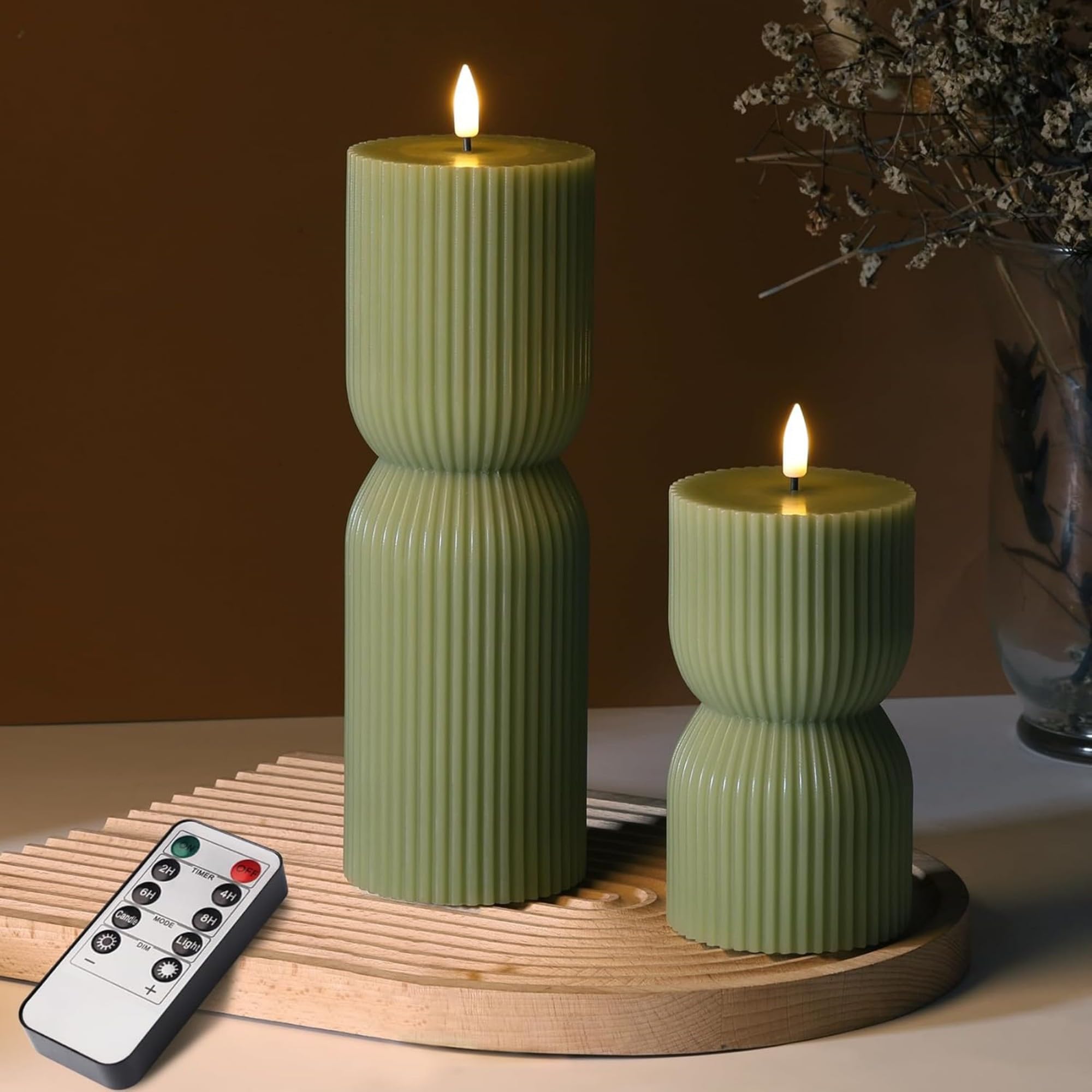 Eywamag Olive Green Ribbed Flameless Pillar Candles with Remote, Flickering Battery Electric LED Candles Home Wedding Decor Set of 2