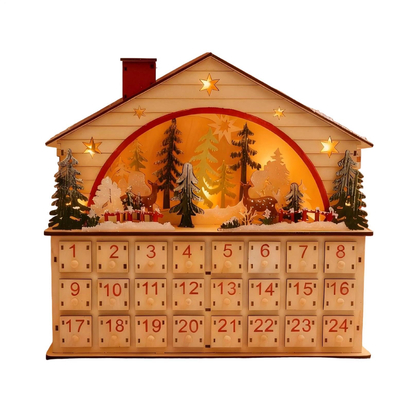 Calendario de Cuenta Atrás de Navidad Decoración En Madera En Forma De Casa | Calendario de Cuenta Atrás para Navidad con Cajones Para Escritorio, Estantería, Salón Y