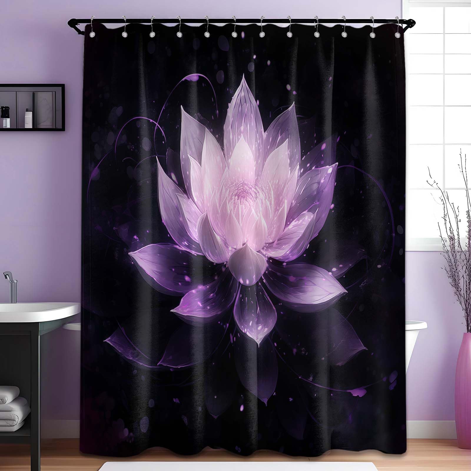 LanZanthic Lotus Shower Curtains for Bathroom Black and Purple Floral Spa Zen Wet Room Shower Curtain with hooks