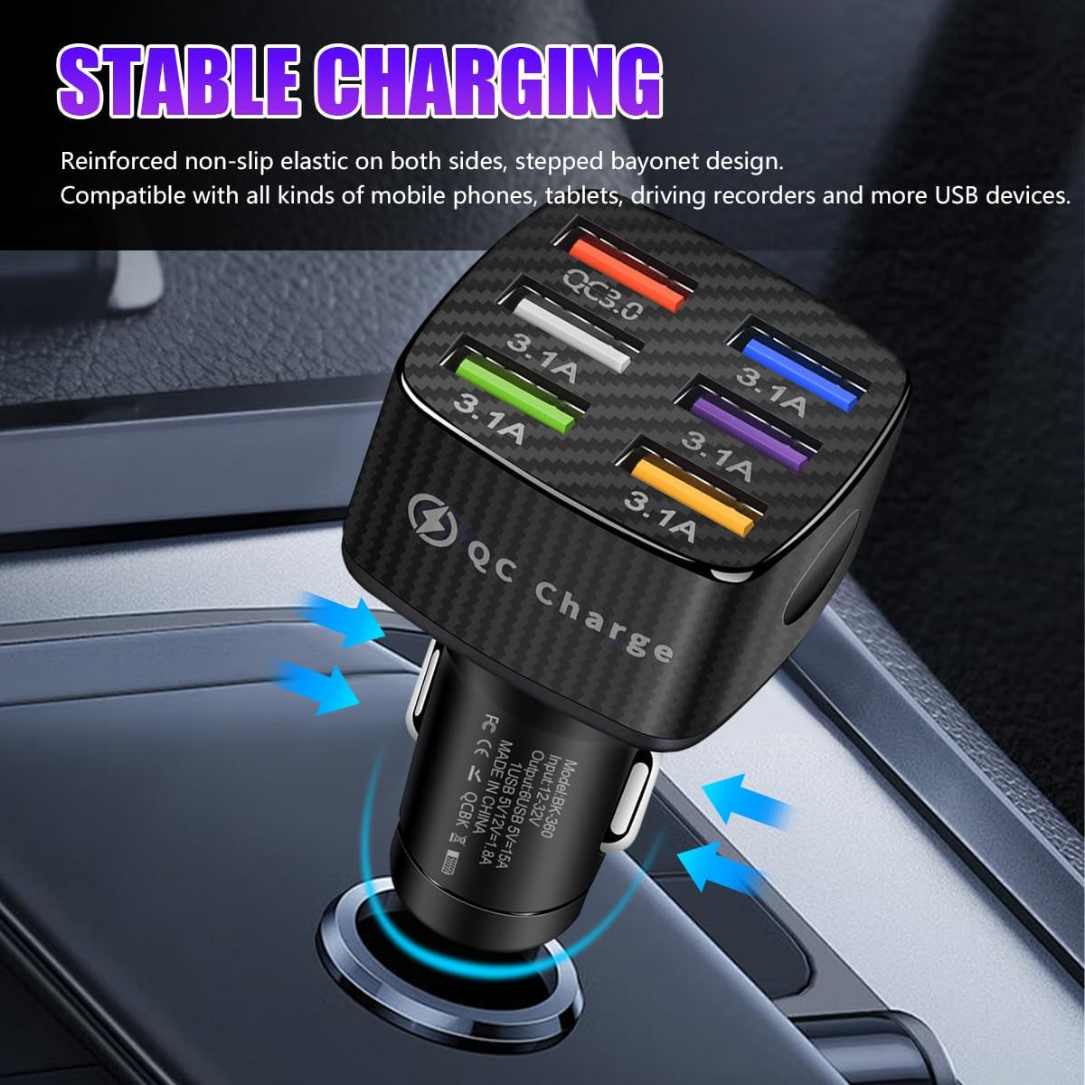 Augeny Car Charger Adapter, 6 USB Multi Port Fast Charger, Include QC 3.0 and 5 Other Ports, Auto Quick Charging Adapter for Most Cell Phones, Interior Car Accessories for SUV Truck (Black)