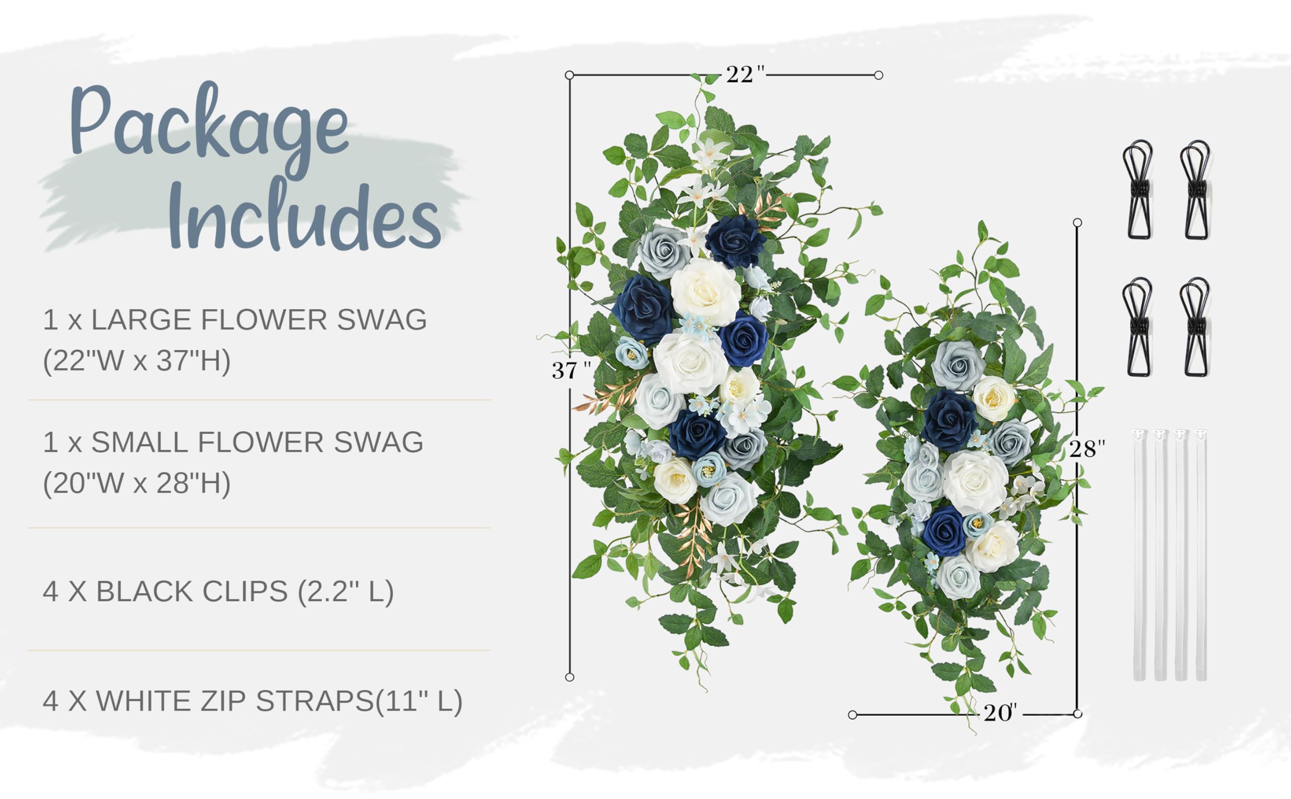 Bogenblumen-Set, 2 Stück, künstliche Blumengirlande für Hochzeit, Willkommensschild, Empfangszeremonie, Stuhldekoration, (Dusty Blue & Elfenbein)