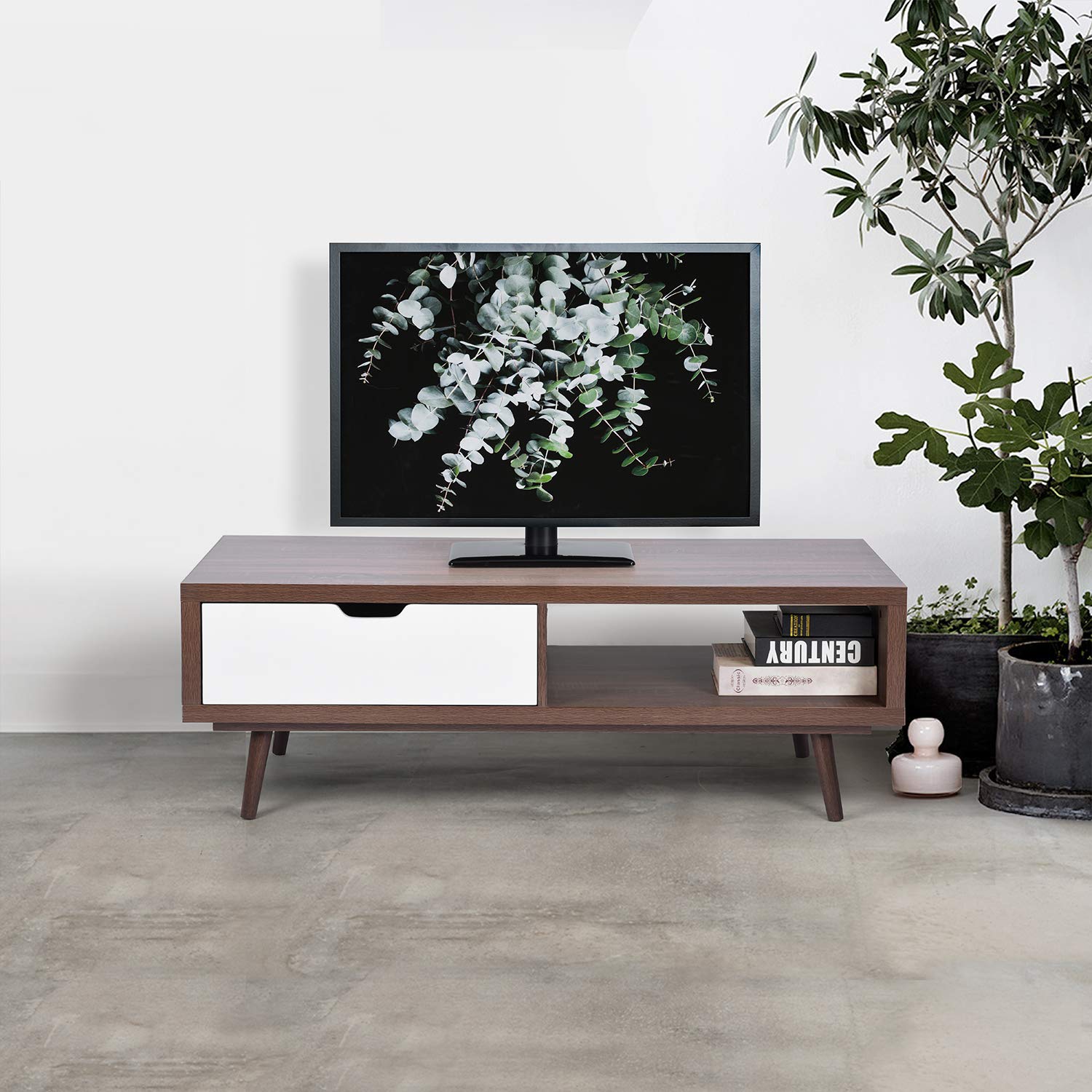 White and Walnut Finish TV Television Plasma LED Stand Coffee Table with Drawer - Mid-Century Style