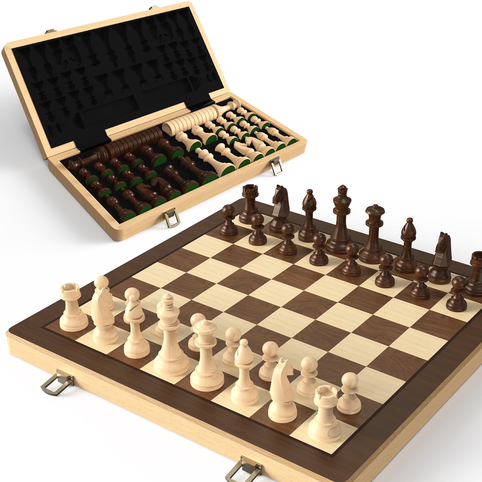 15" Wooden Folding Chess & Checkers Set - 2 in 1 Board Game with 3" King Staunton Pieces and 2 Extra Ladies (Black)