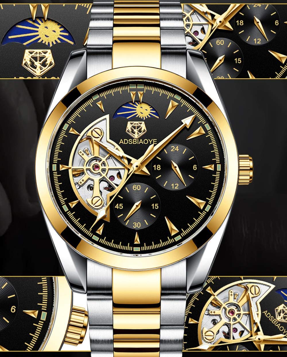 Orologi Da Polso,Orologio Da Uomo Automatico Automatico A 6 Pin Impermeabile Con Fasi Lunari Tourbillon, Quadrante Dorato E Nero