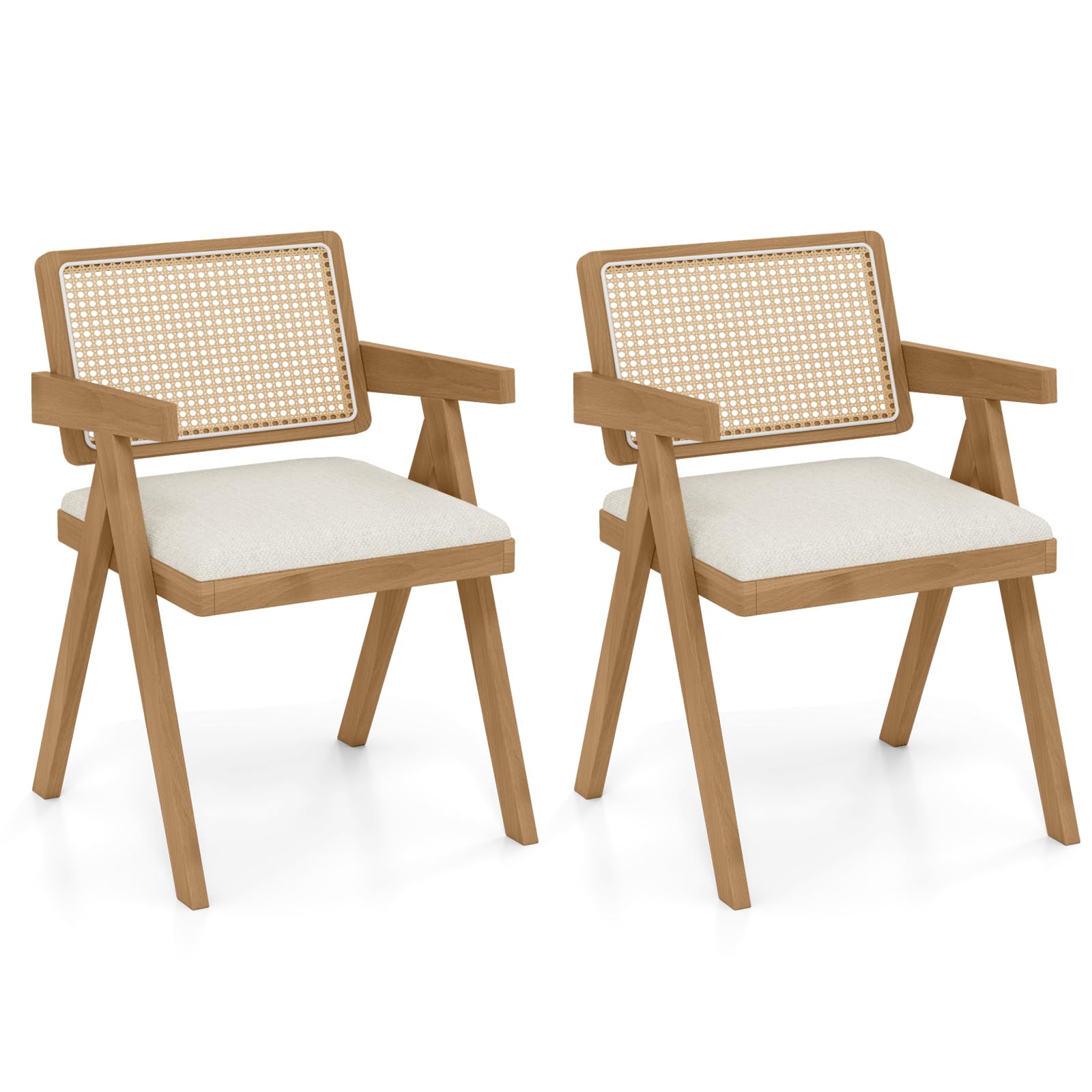 Giantex Rattan Dining Chairs Set of 2, Fabric Kitchen Chairs w/Armrests & Padded Cushion, Rubber Wood Frame, Mid Century Armchairs, Modern Accent Side