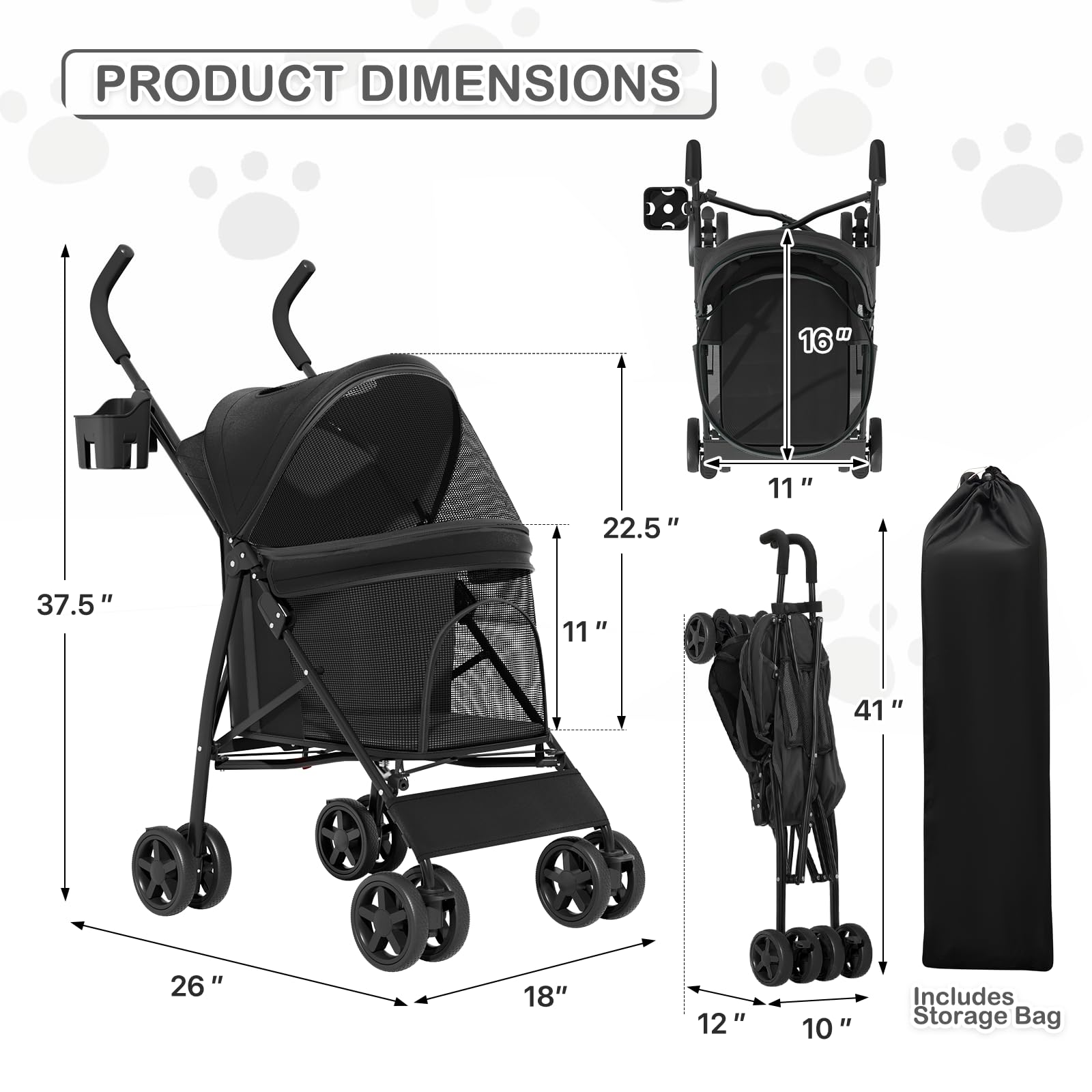 MoNiBloom 4 Wheels Pet Stroller, Easy-Fold Puppy Cage Jogger Stroller with Sun Cover, Pad and Rear Storage Bag, Breathable and Visible Mesh for Small/Medium Pets up to 22 lbs, Black - image 4