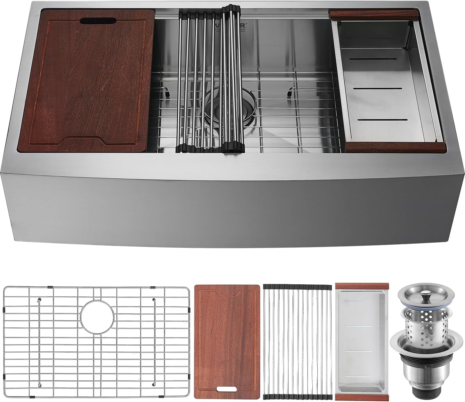 VEVOR Farmhouse Kitchen Sink, 304 Stainless Steel Drop-in Sinks, Top Mount Single Bowl Basin with Ledge & Accessories, Household Dishwasher Sinks for Workstation, Prep Kitchen, and Bar Sink, 36 inch