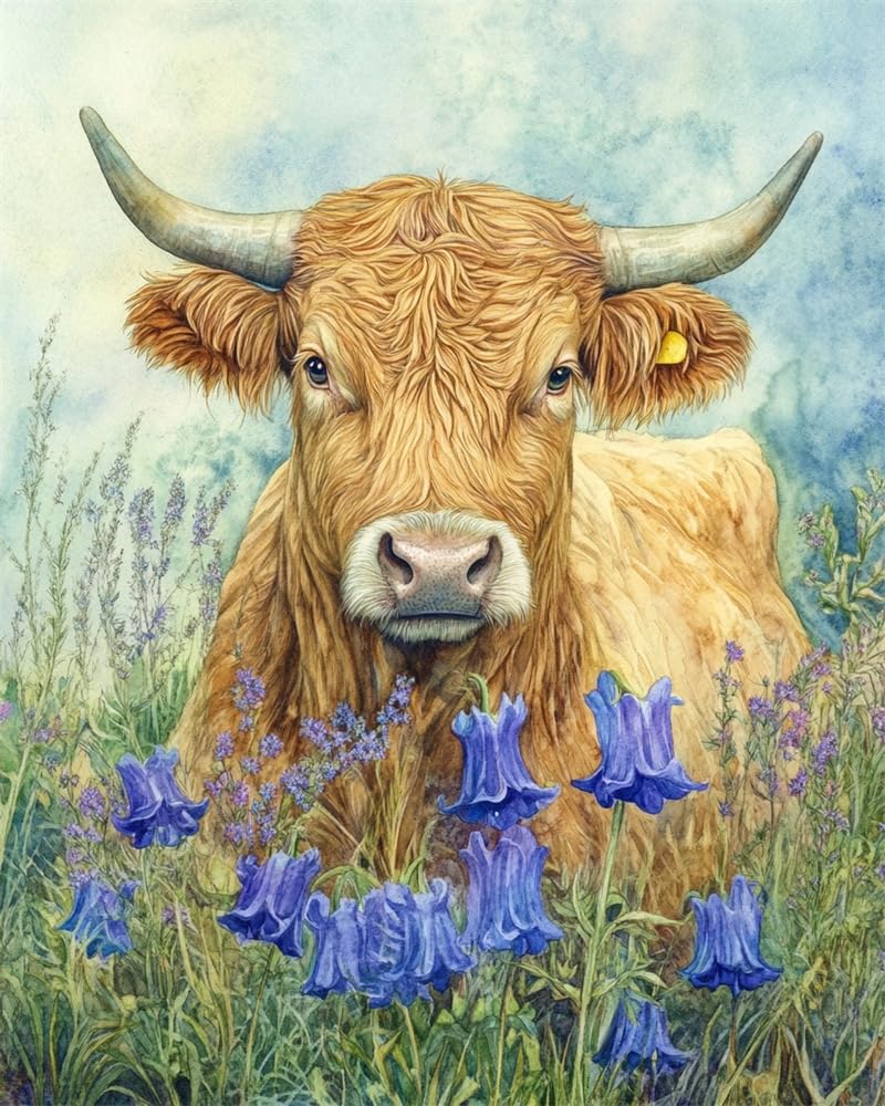 Henypt Cross Stitch Kits for Adults,Highland Cattle and Blue Bellflowers Easy Counted Pre Printed Stamped Embroidery Set for Adult, 11Ct Cross Stitch Patterns, Advanced Embroidery Beginner Starte