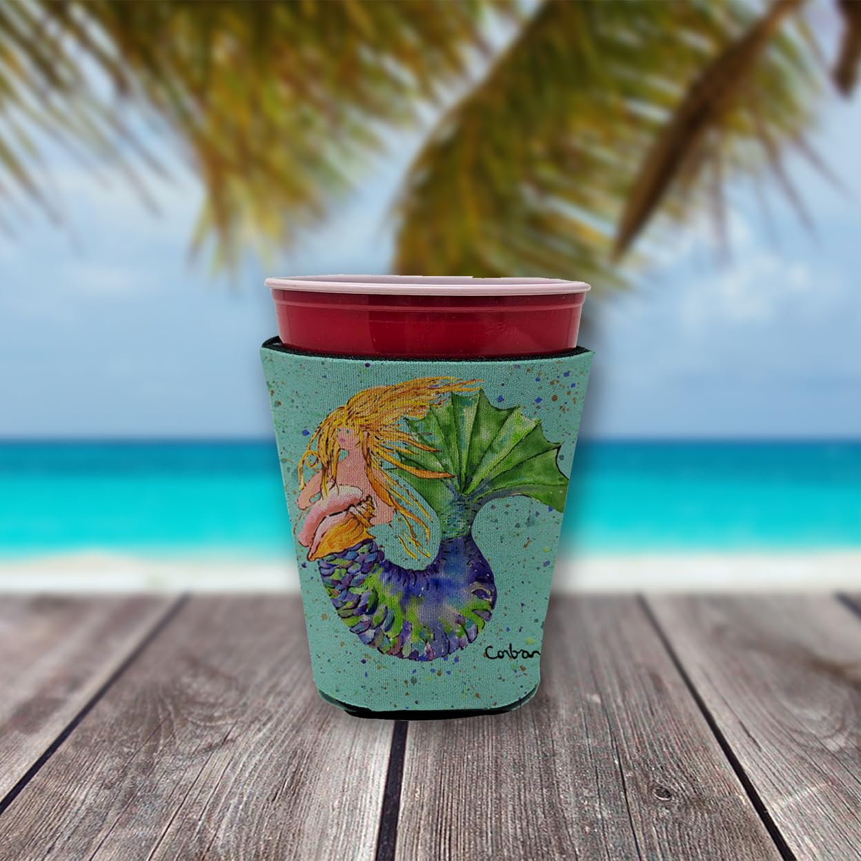 Caroline's Treasures 8336RSC Blonde Mermaid Red Cup Hugger Cup Cooler Sleeve Hugger Machine Washable Drink Sleeve Hugger Collapsible Insulator Beverage Insulated Holder
