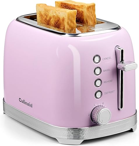 Tostadora de 2 rebanadas de acero inoxidable retro con ranuras extra anchas de 1.5 pulgadas, descongelar, recalentar, cancelar, 6 ajustes de sombra