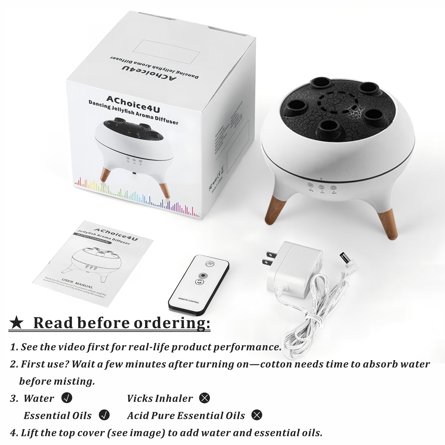 Condition photo showing Brand New for essential oil diffuser 250ml dancing jellyfish aromatherapy diffuser humidifier with 7 colors led lights,remote control,plug in for bedroom,office (white)