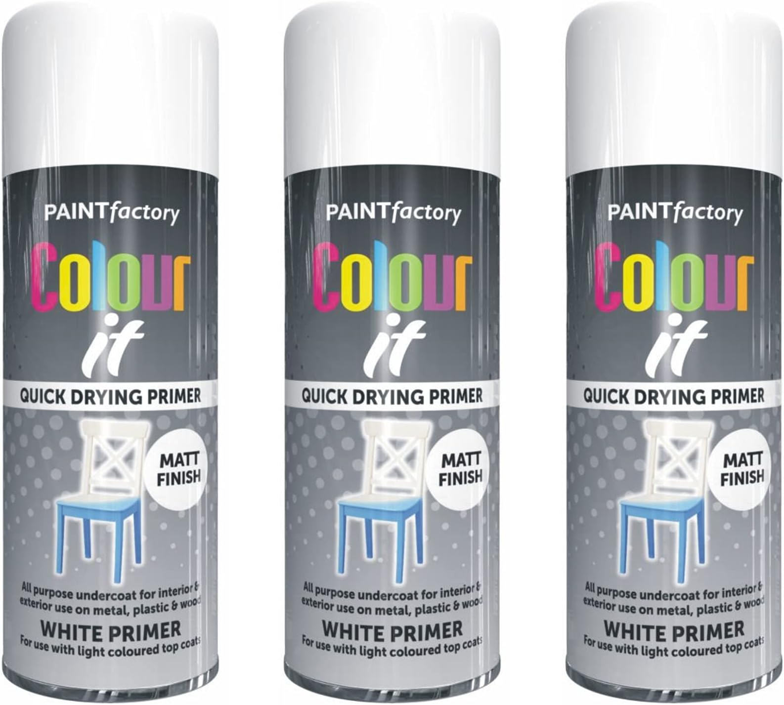 Paint Factory Brilliant White Primer Spray Paint - 3 x 400ML All-Purpose Undercoat for Metal, Wood & Plastic - Matt Finish
